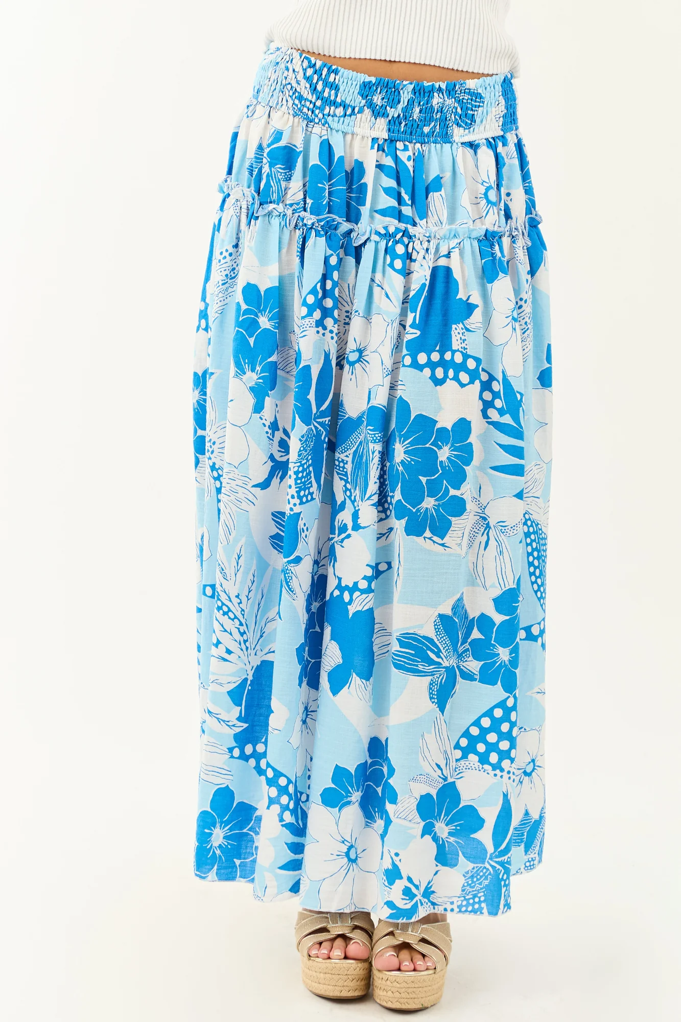 Tropical Floral Ruffle Maxi Skirt in Sky Blue