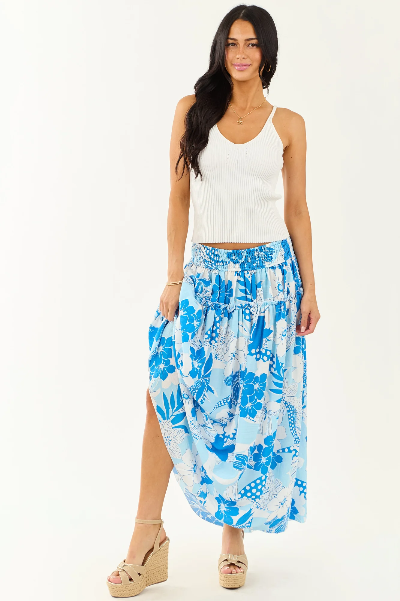 Tropical Floral Ruffle Maxi Skirt in Sky Blue