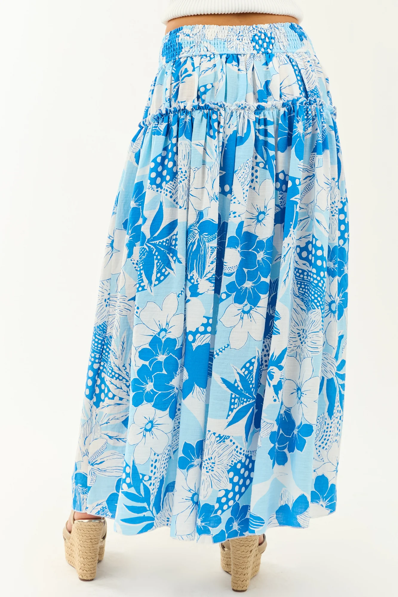 Tropical Floral Ruffle Maxi Skirt in Sky Blue