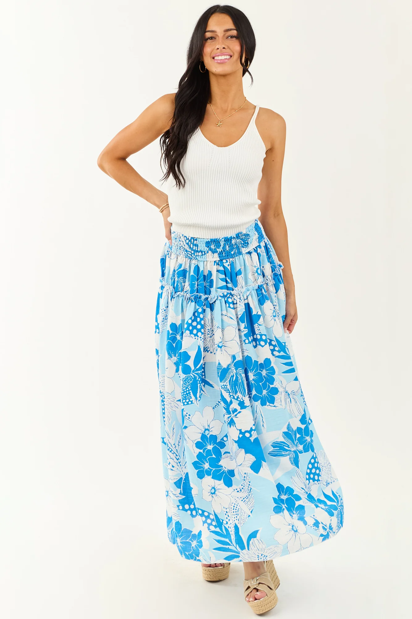 Tropical Floral Ruffle Maxi Skirt in Sky Blue