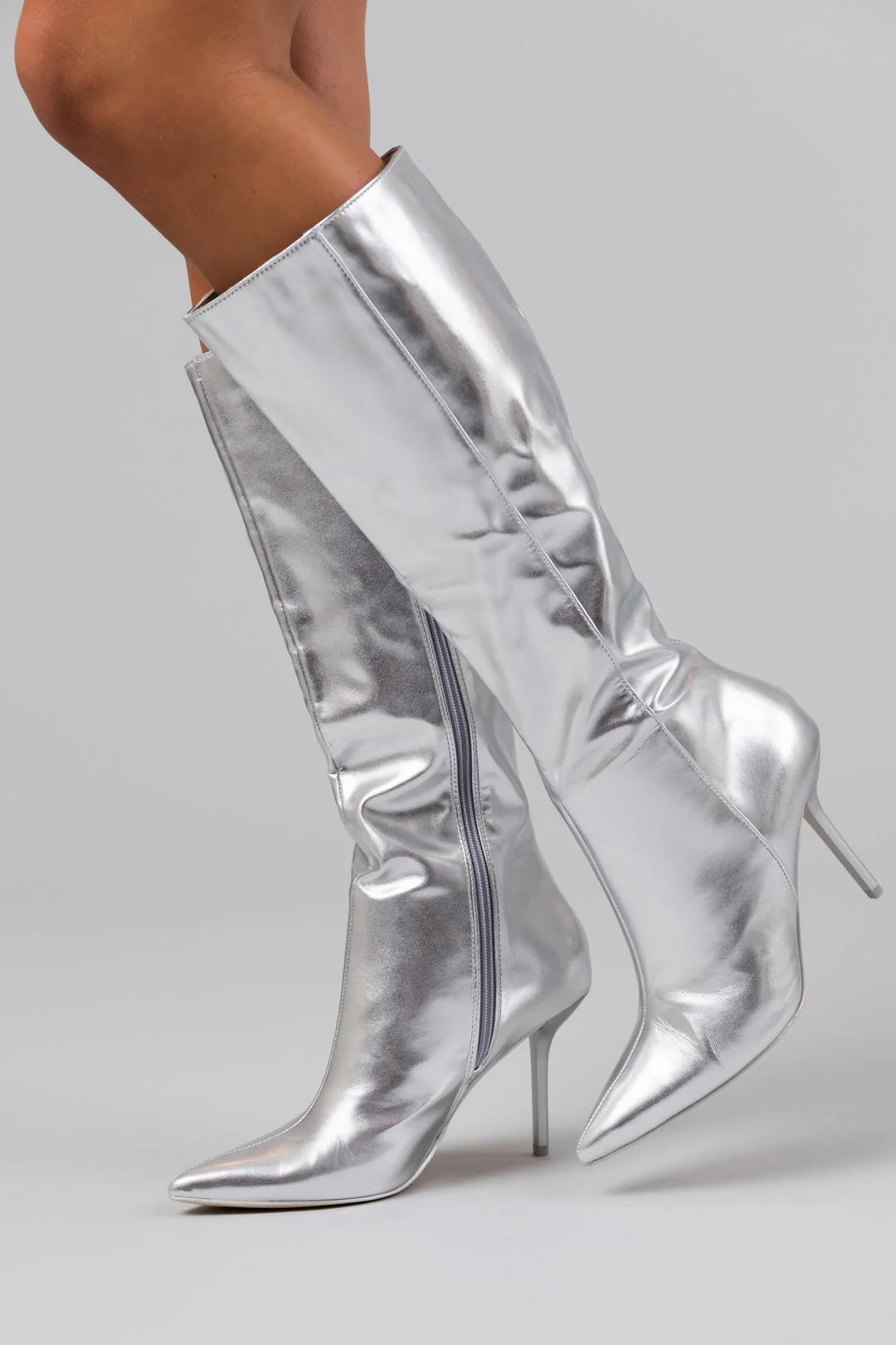 Silver Faux Leather Knee High Stiletto Boots