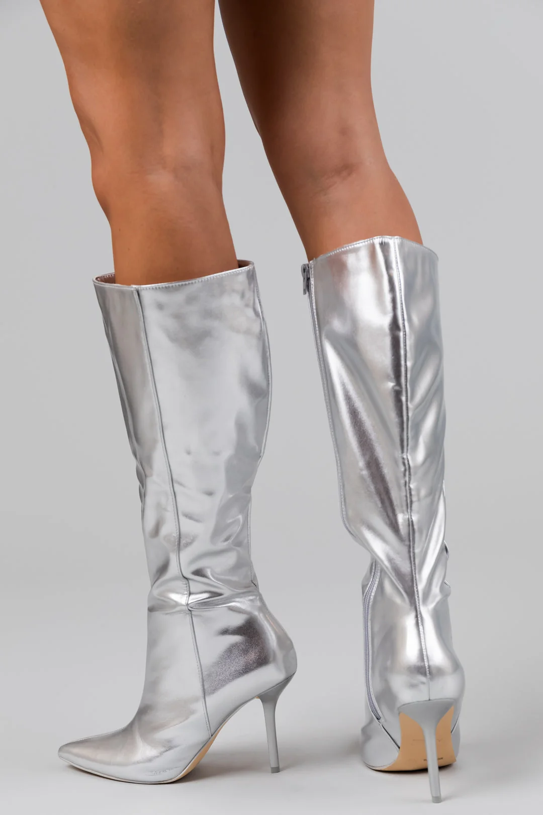 Silver Faux Leather Knee High Stiletto Boots