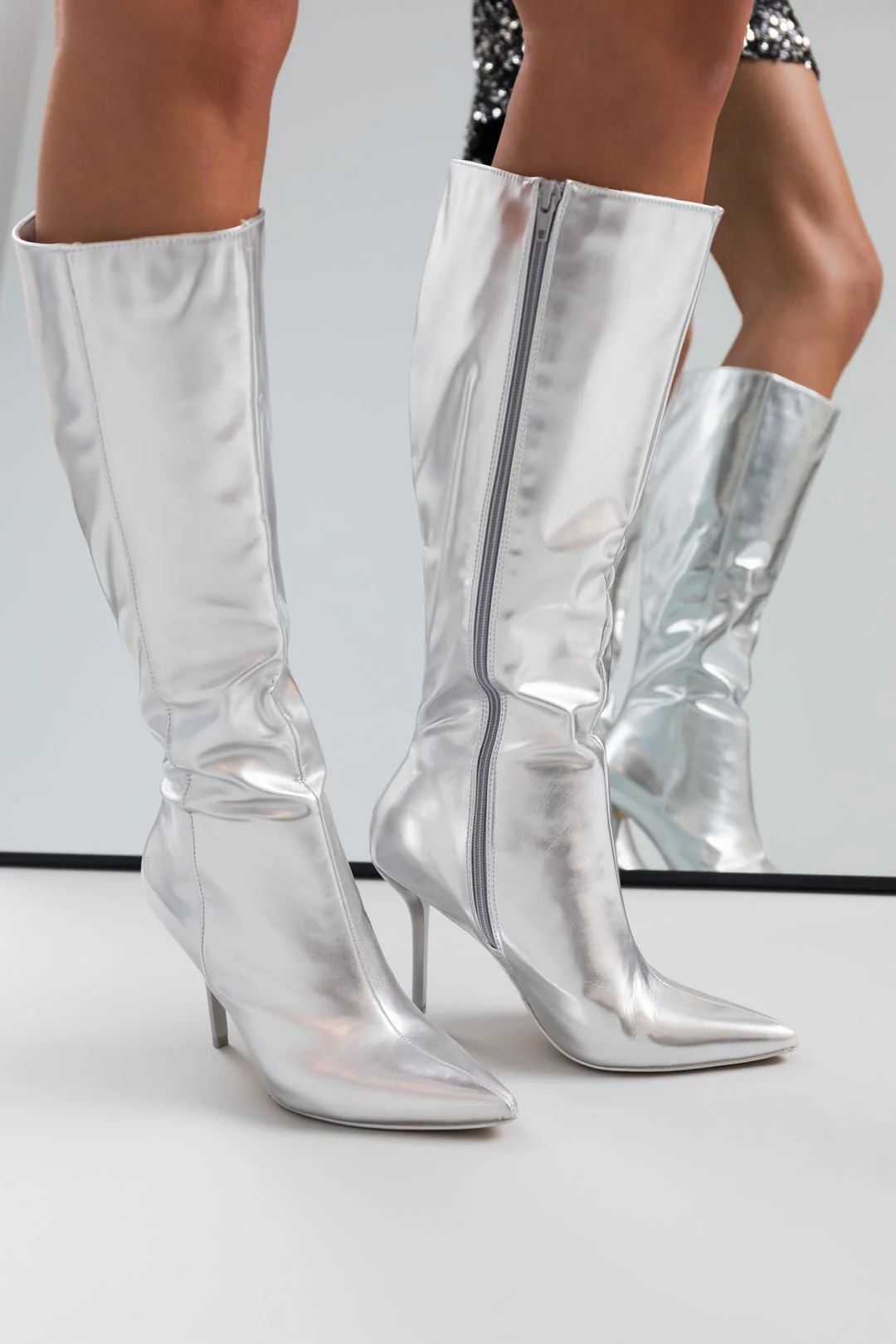 Silver Faux Leather Knee High Stiletto Boots
