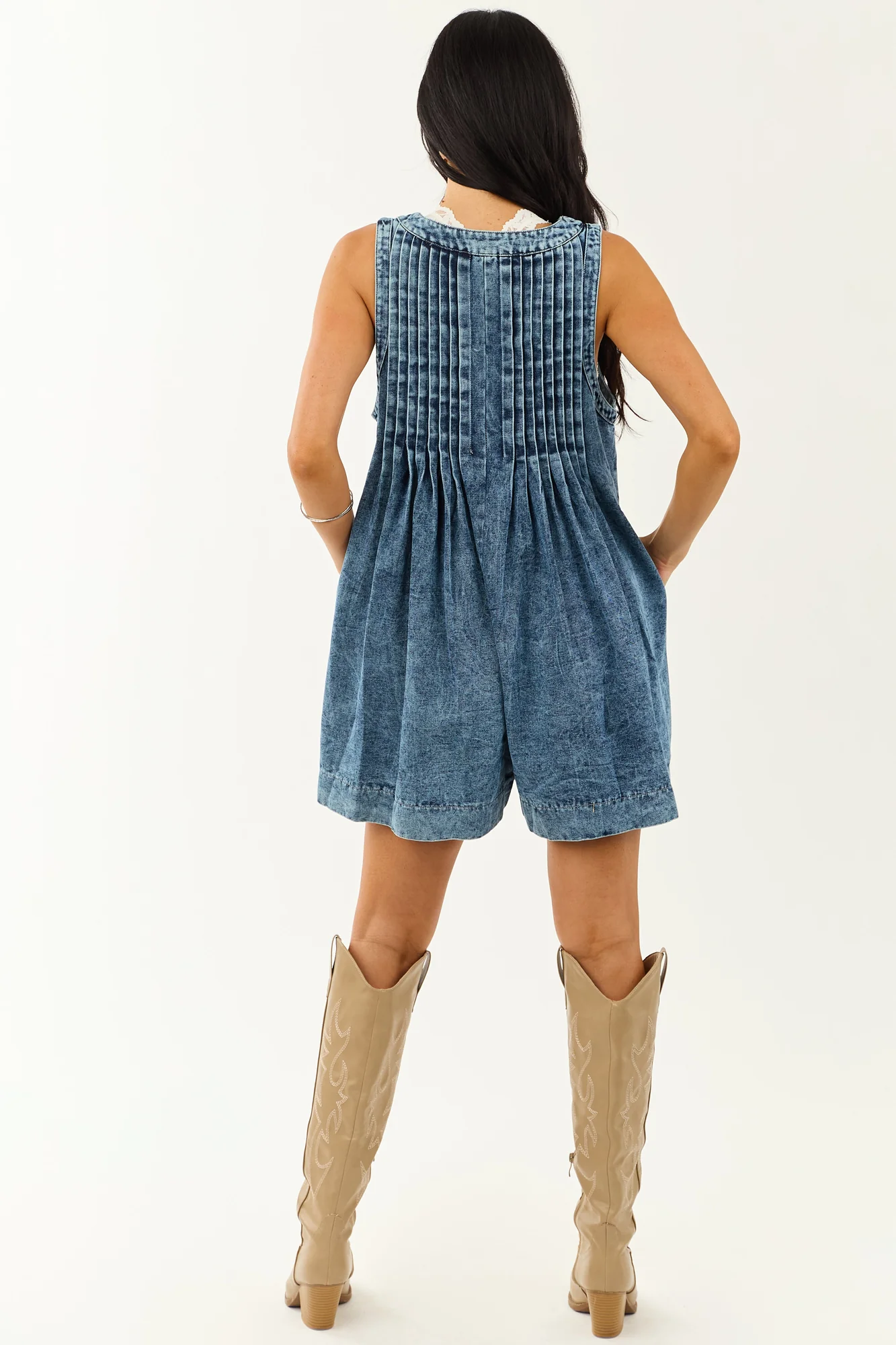 Dark Acid Wash Pleated Relaxed Denim Romper