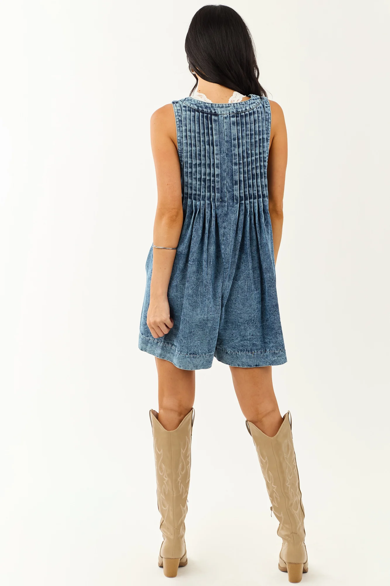 Dark Acid Wash Pleated Relaxed Denim Romper