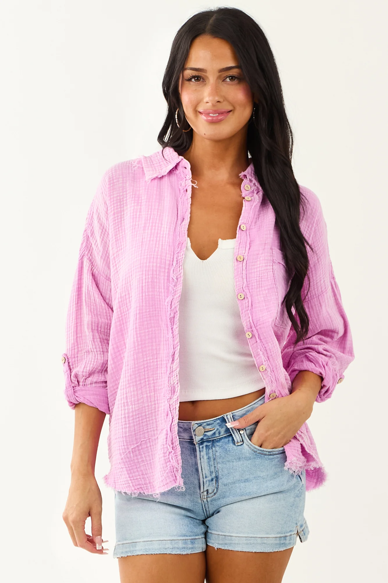 Orchid Cotton Button Down Top - Distressed Trim, Drop Shoulder