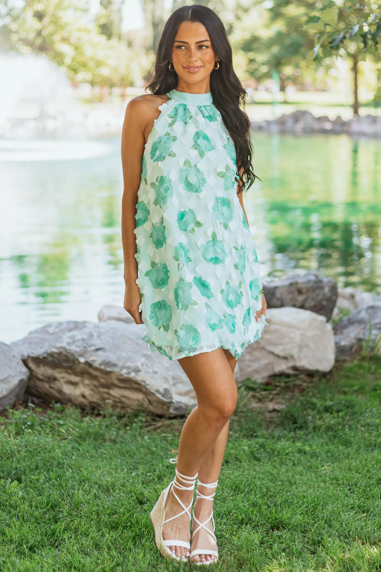 Mint Floral Halter Neck Shift Mini Dress