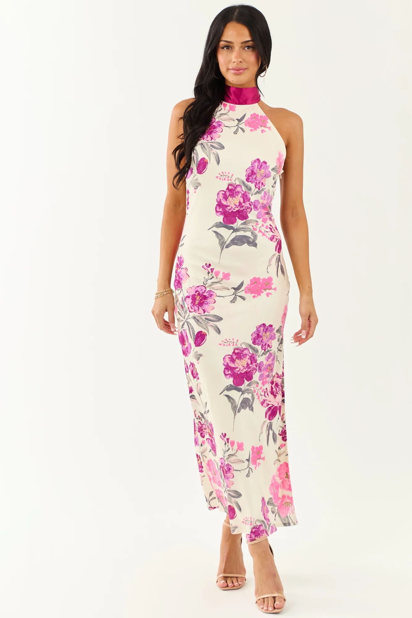 Floral Satin Halter Neck Maxi Dress - Elegant Romantic Style