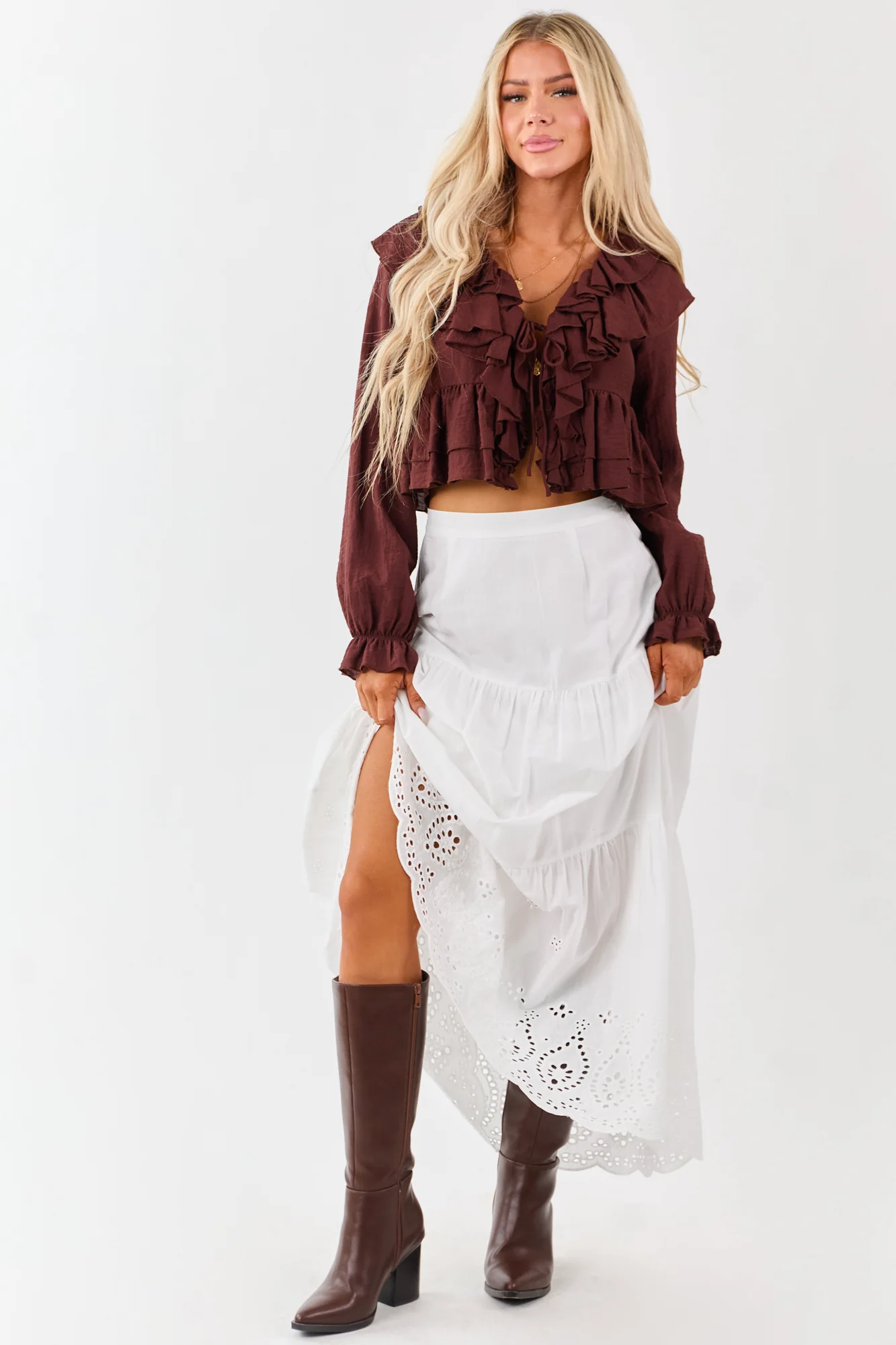 White Cotton Eyelet Tiered Maxi Skirt