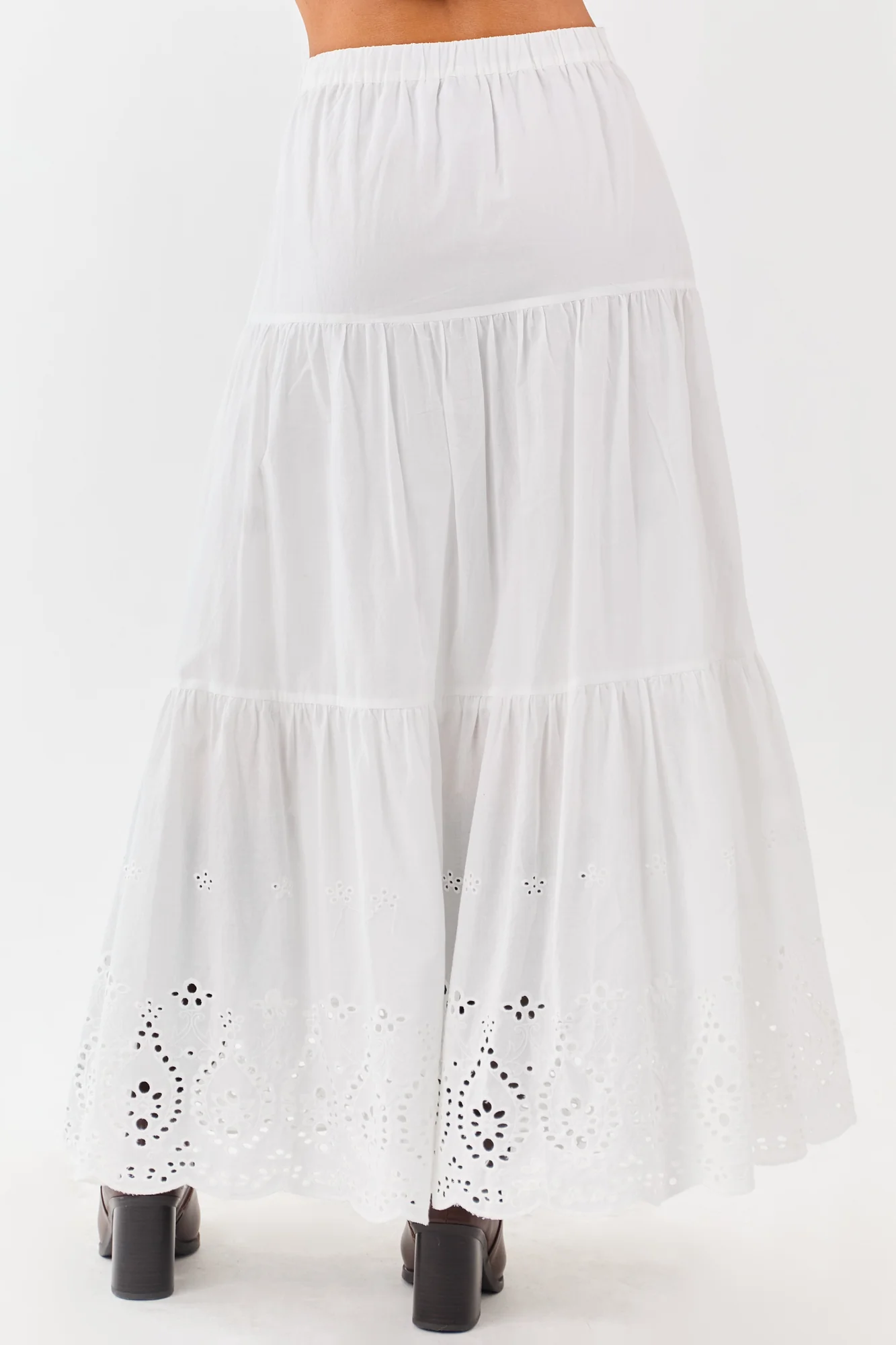 White Cotton Eyelet Tiered Maxi Skirt