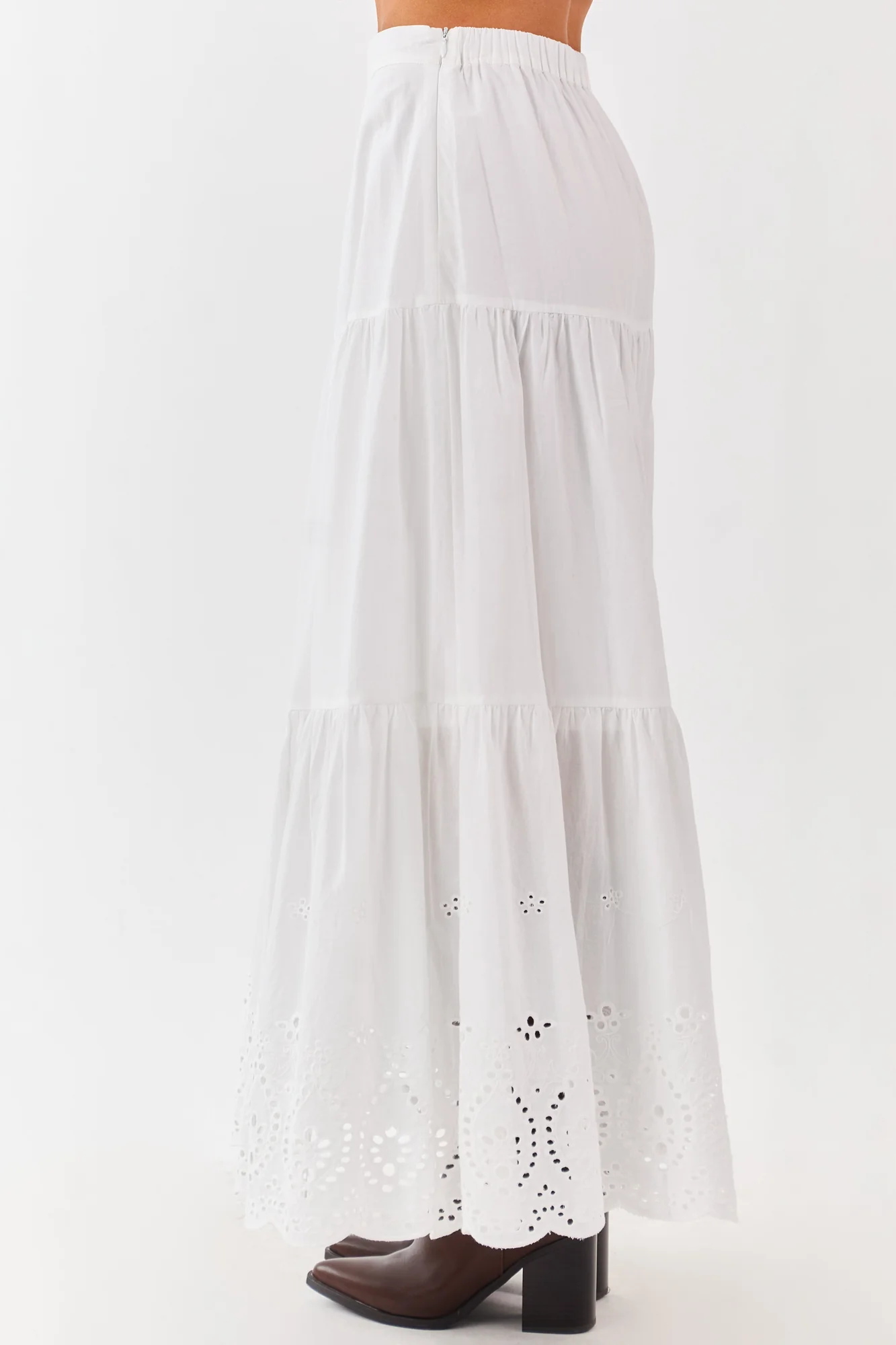 White Cotton Eyelet Tiered Maxi Skirt