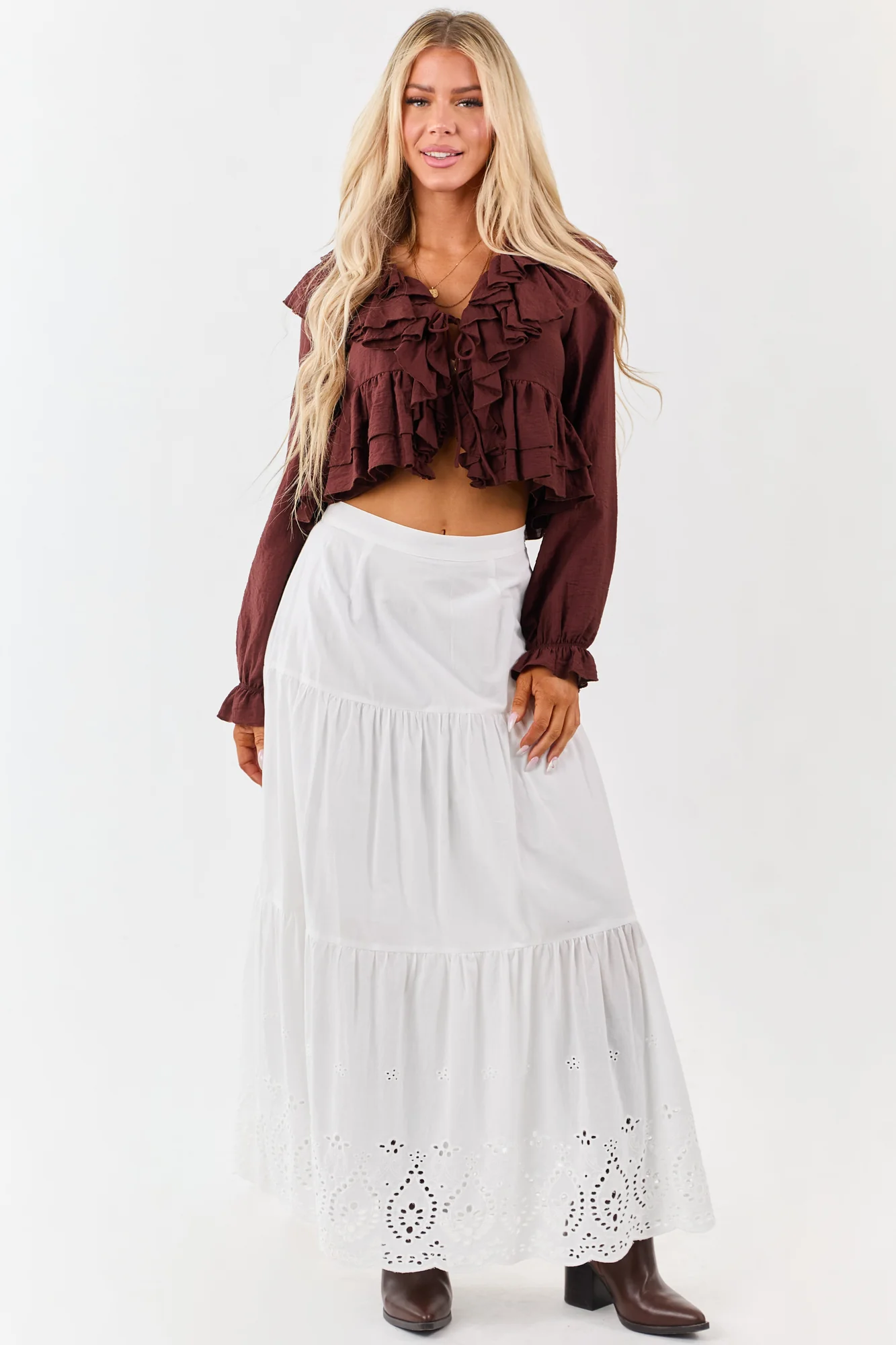 White Cotton Eyelet Tiered Maxi Skirt