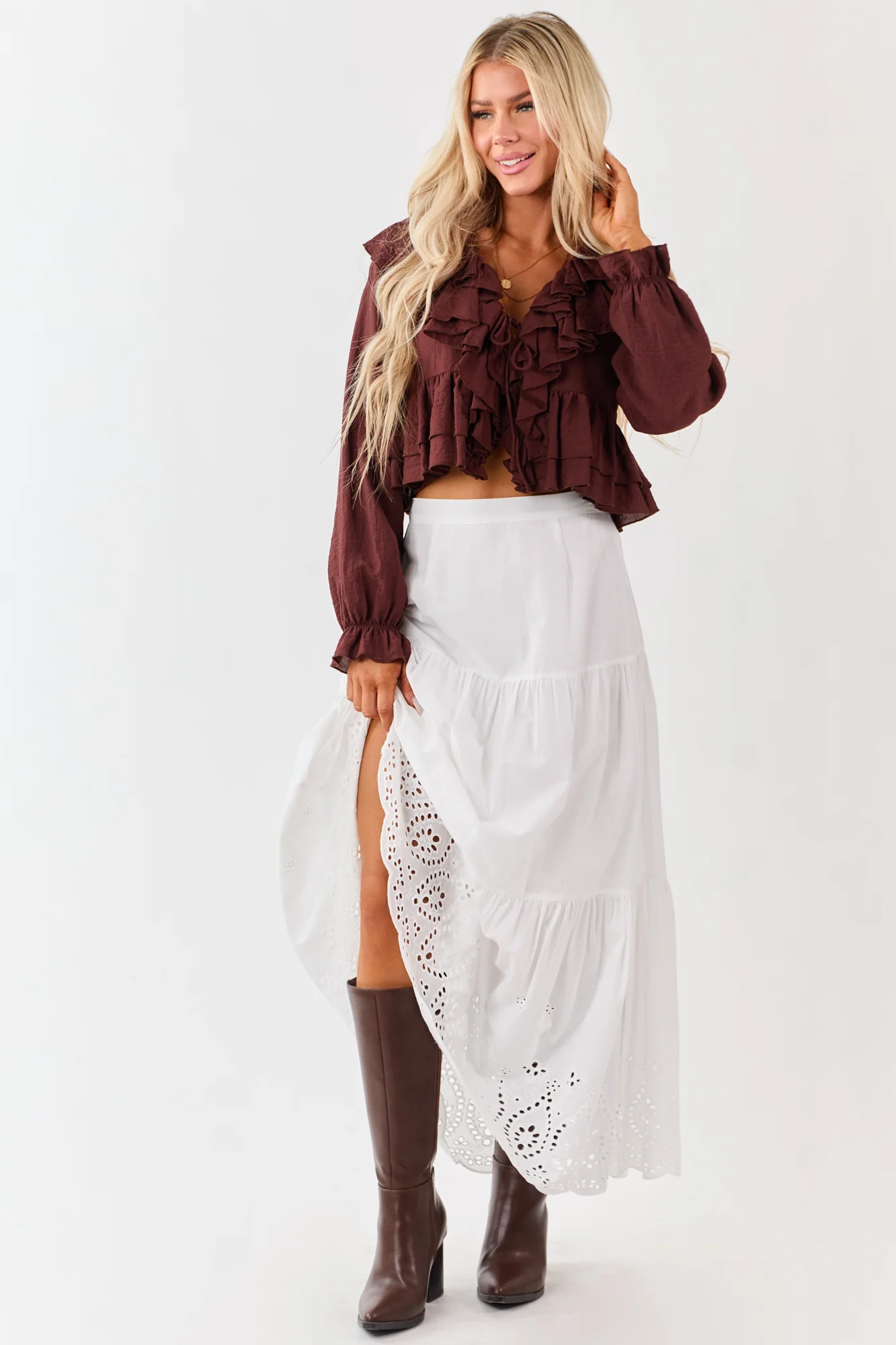 White Cotton Eyelet Tiered Maxi Skirt