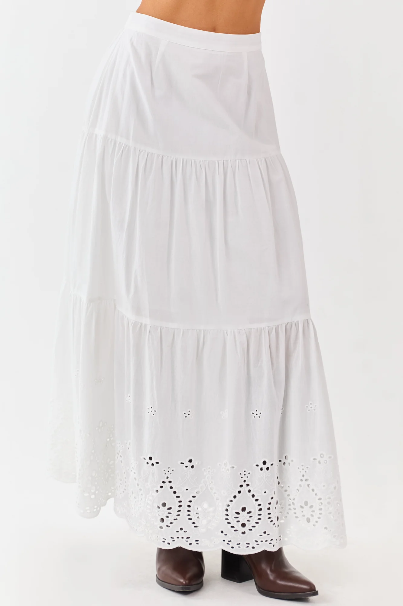 White Cotton Eyelet Tiered Maxi Skirt