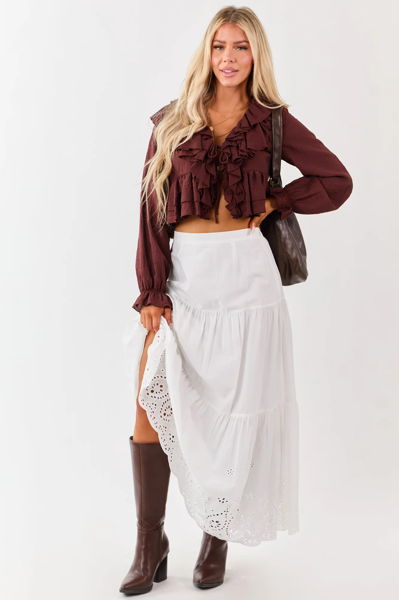 White Cotton Eyelet Tiered Maxi Skirt