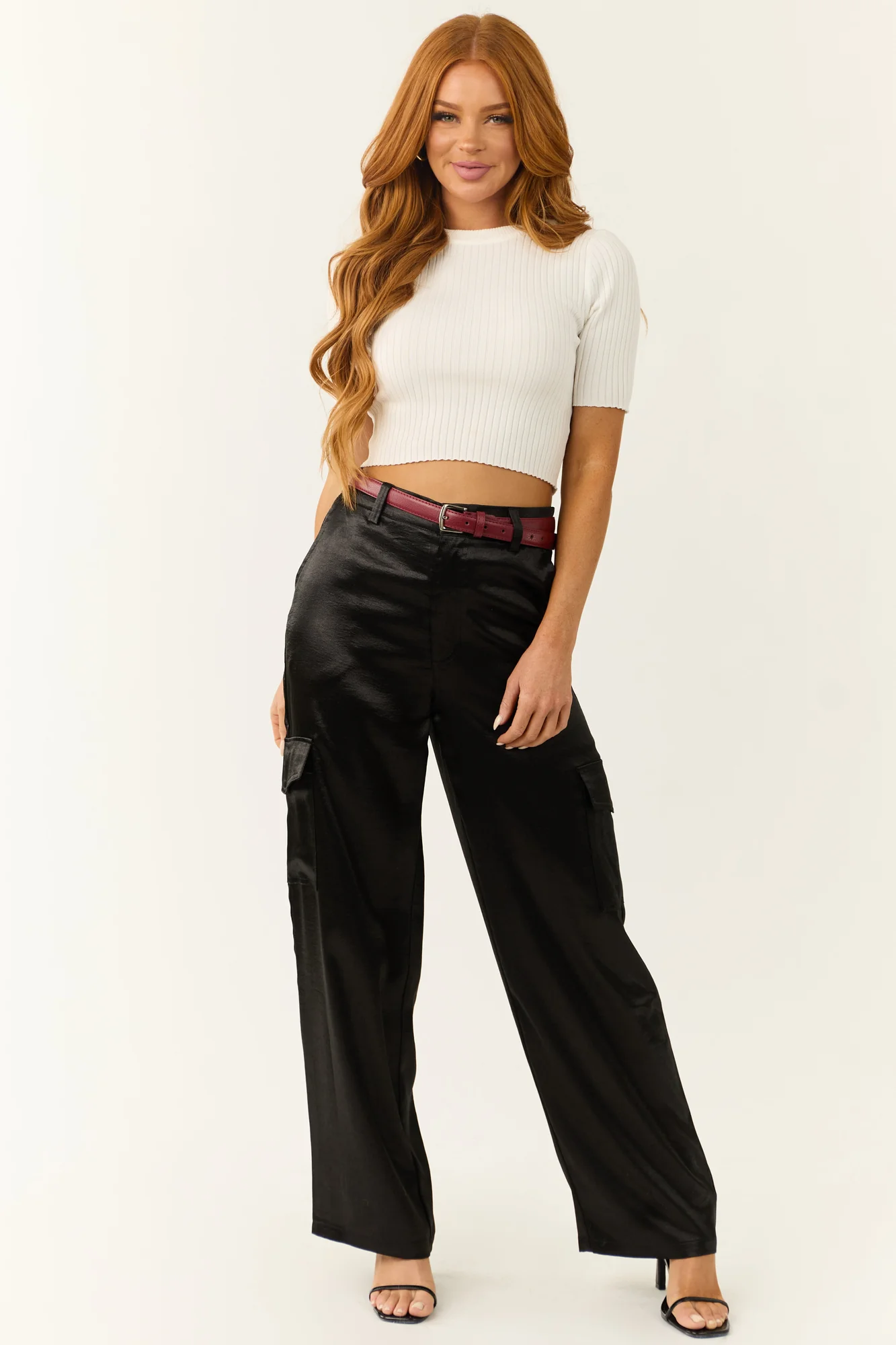 Satin Wide Leg High Waisted Cargo Pants in Black