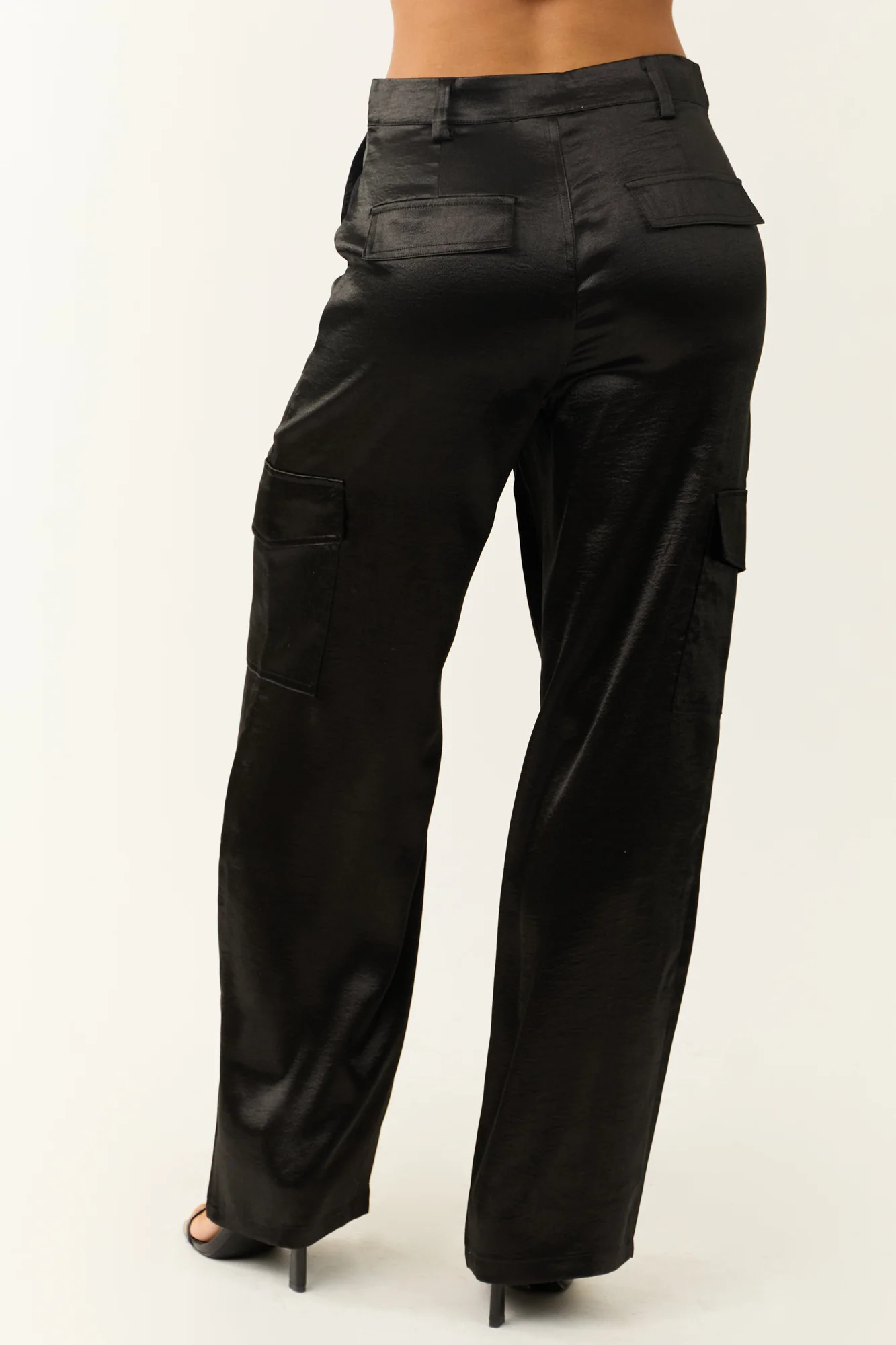 Satin Wide Leg High Waisted Cargo Pants in Black