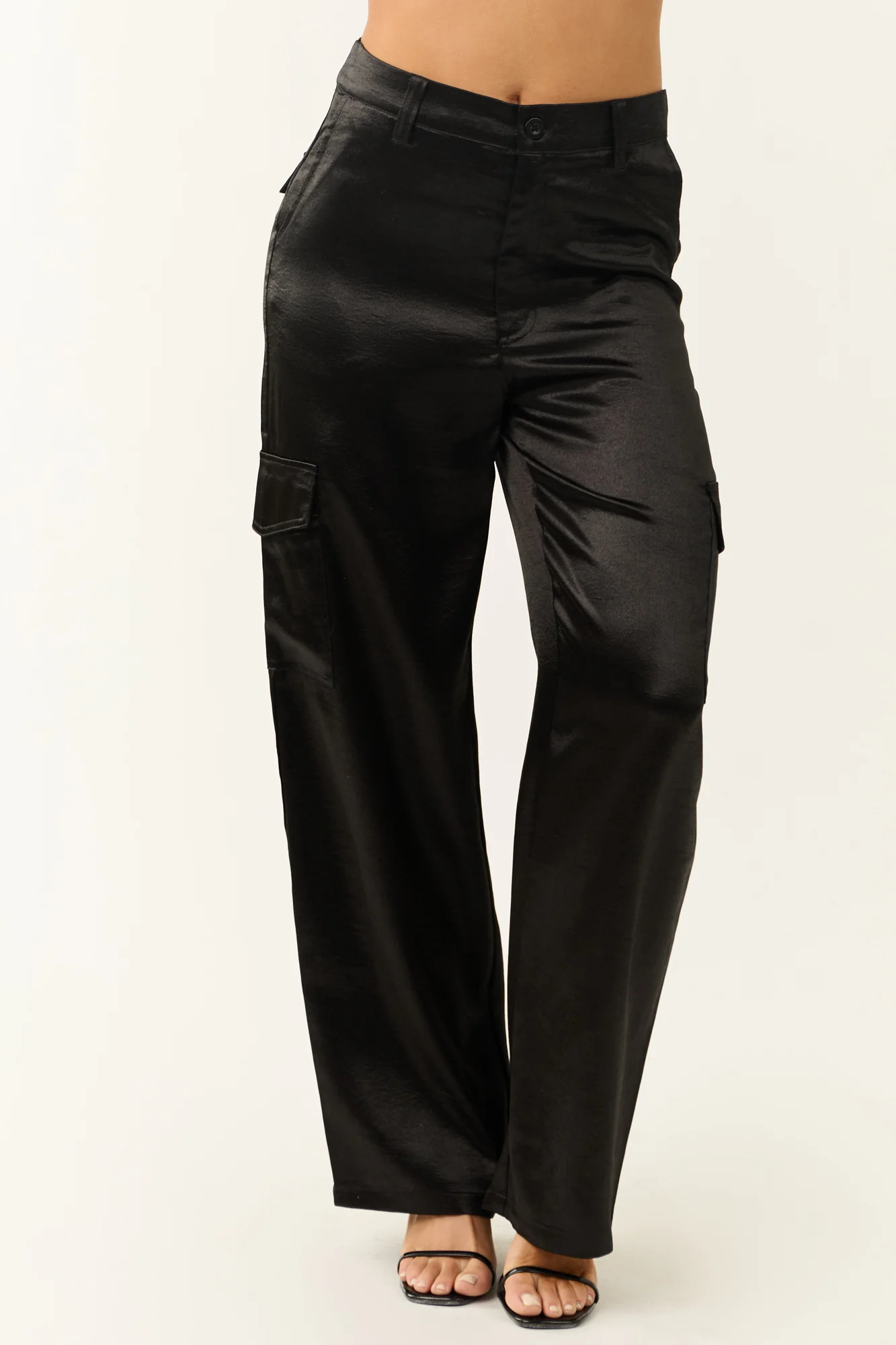 Satin Wide Leg High Waisted Cargo Pants in Black