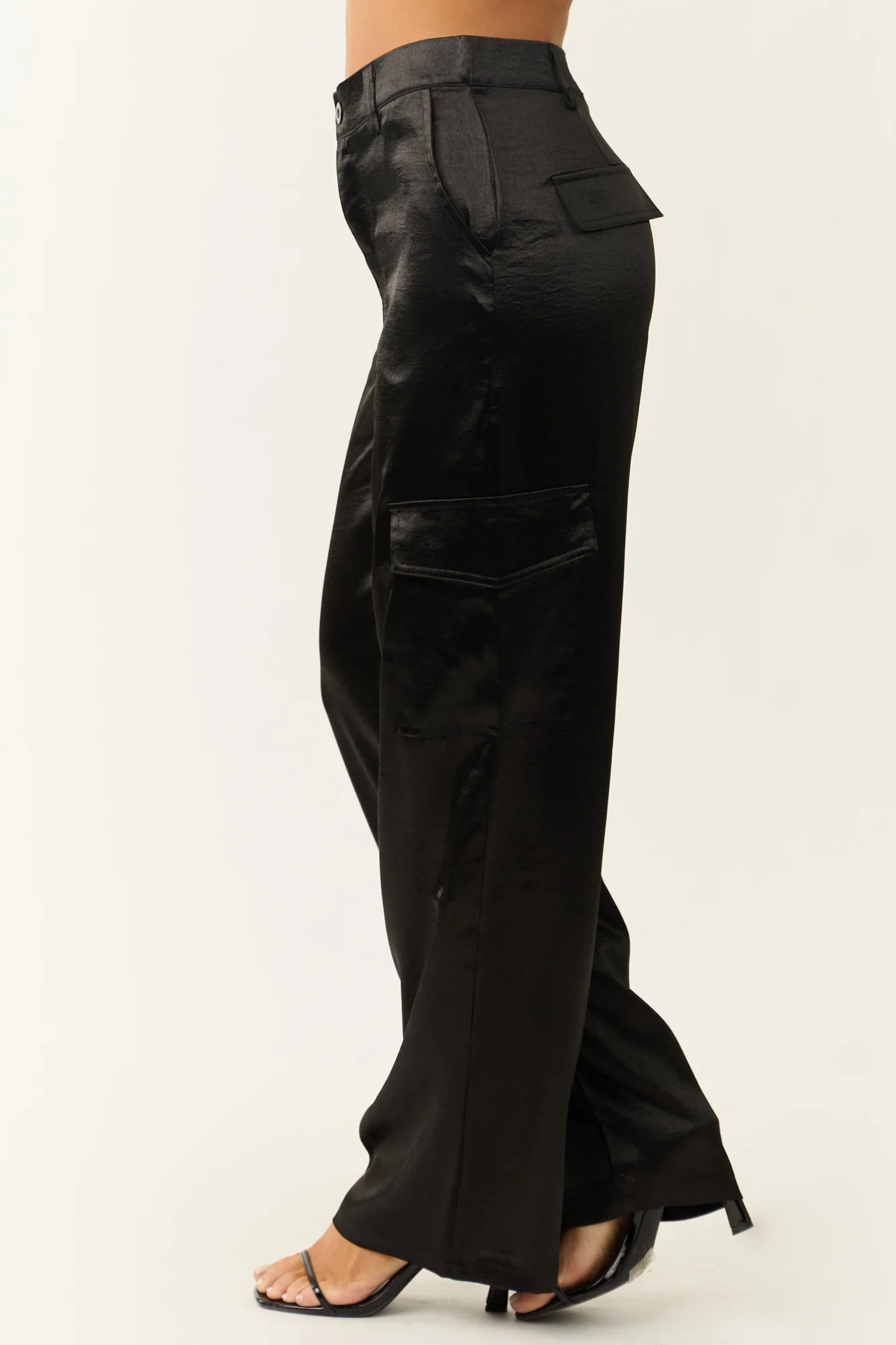 Satin Wide Leg High Waisted Cargo Pants in Black