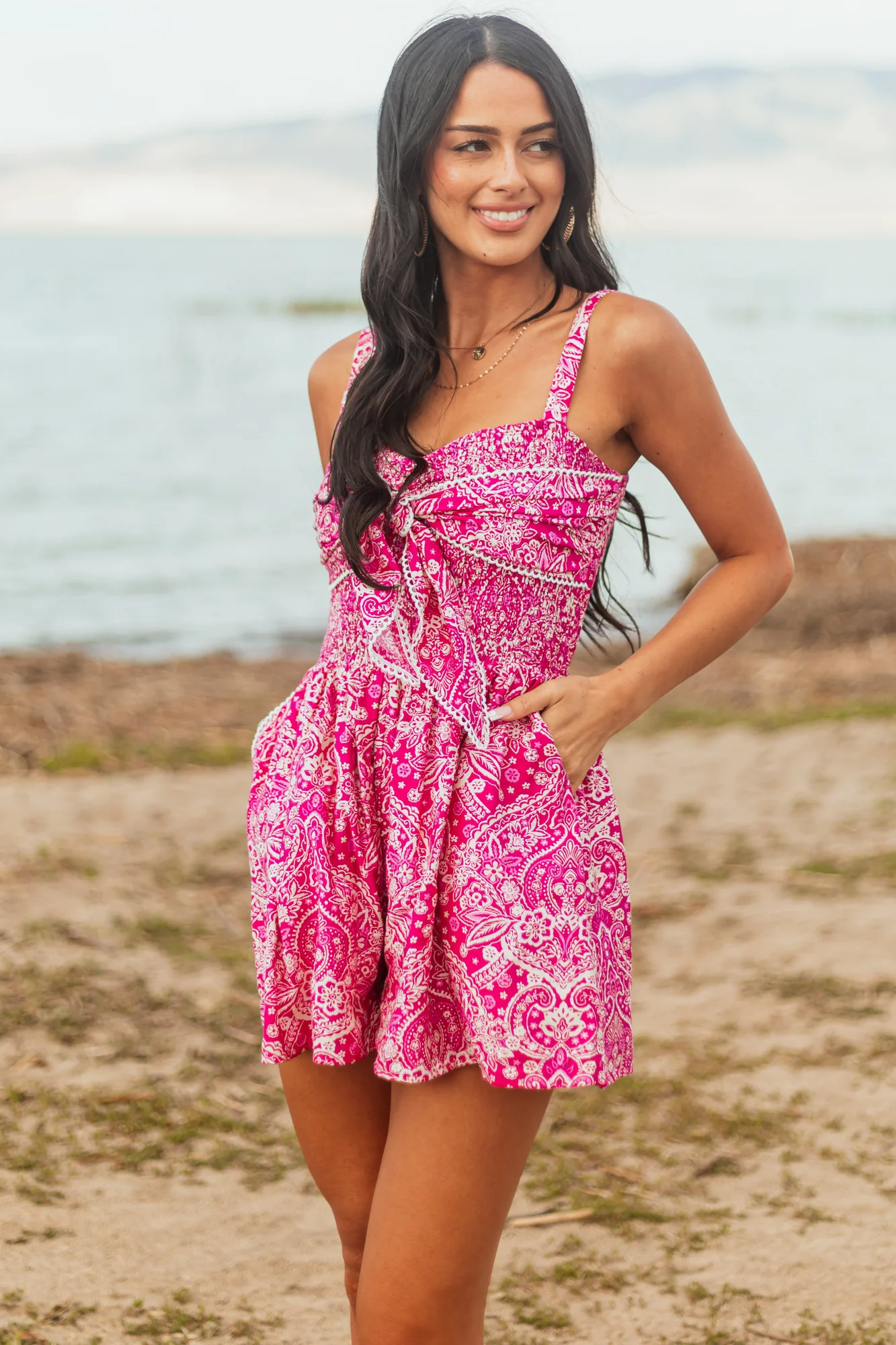 Paisley Print Tie Sleeveless Boho Romper - Magenta White