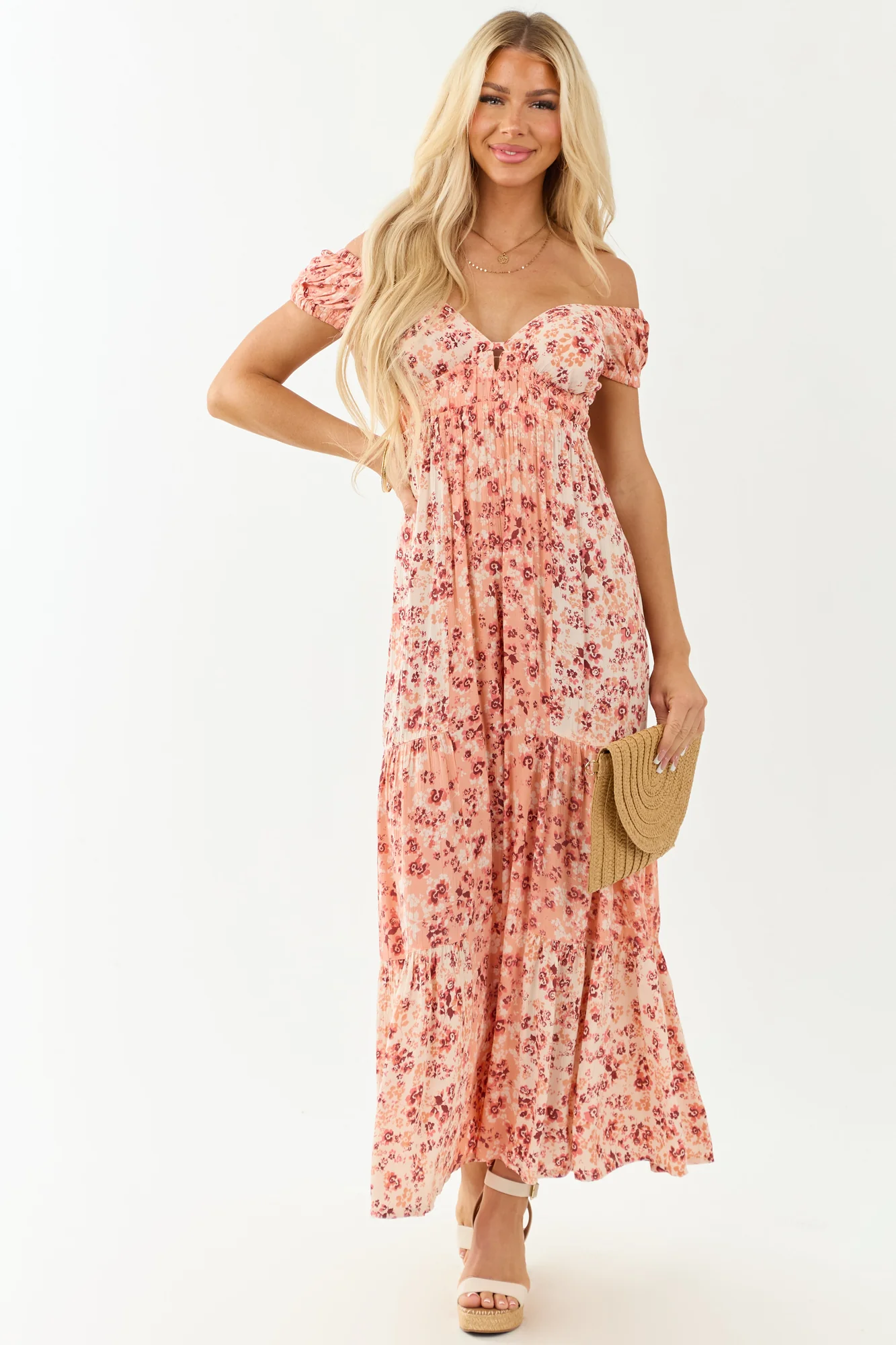 Floral Tiered Open Back Jumpsuit - Coral & Burgundy