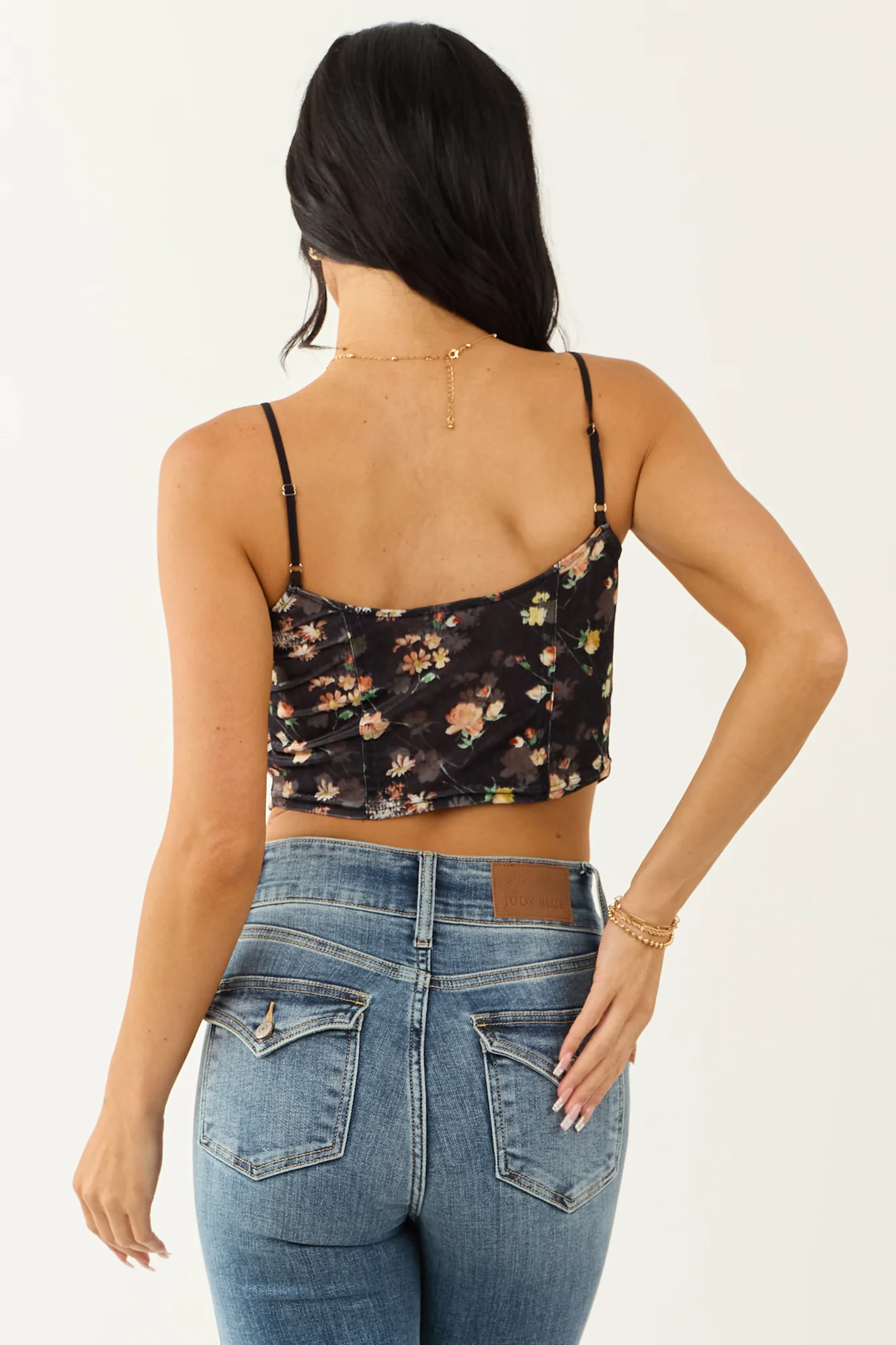 Velvet Floral Print Cropped Tank Top in Black