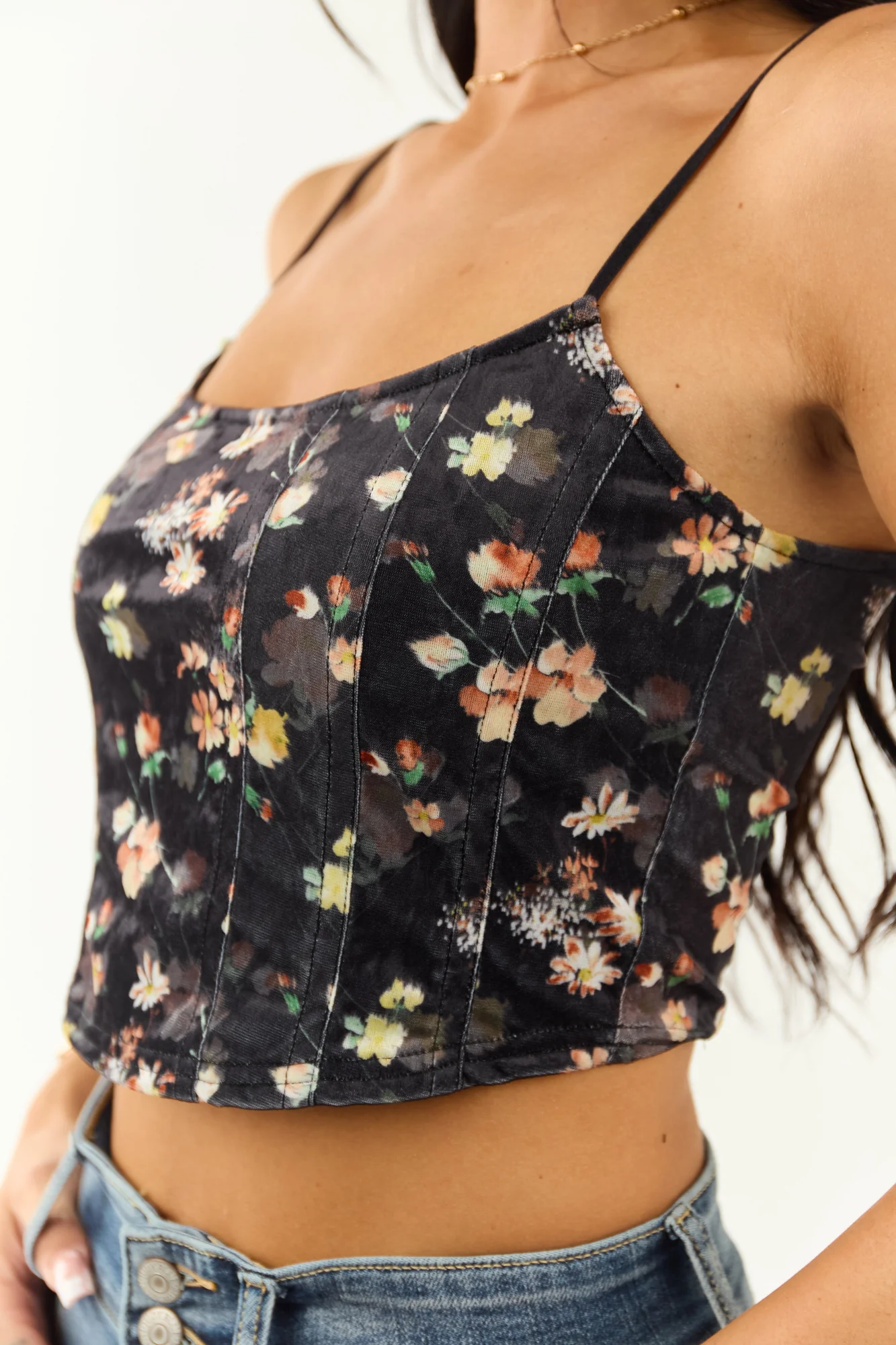 Velvet Floral Print Cropped Tank Top in Black