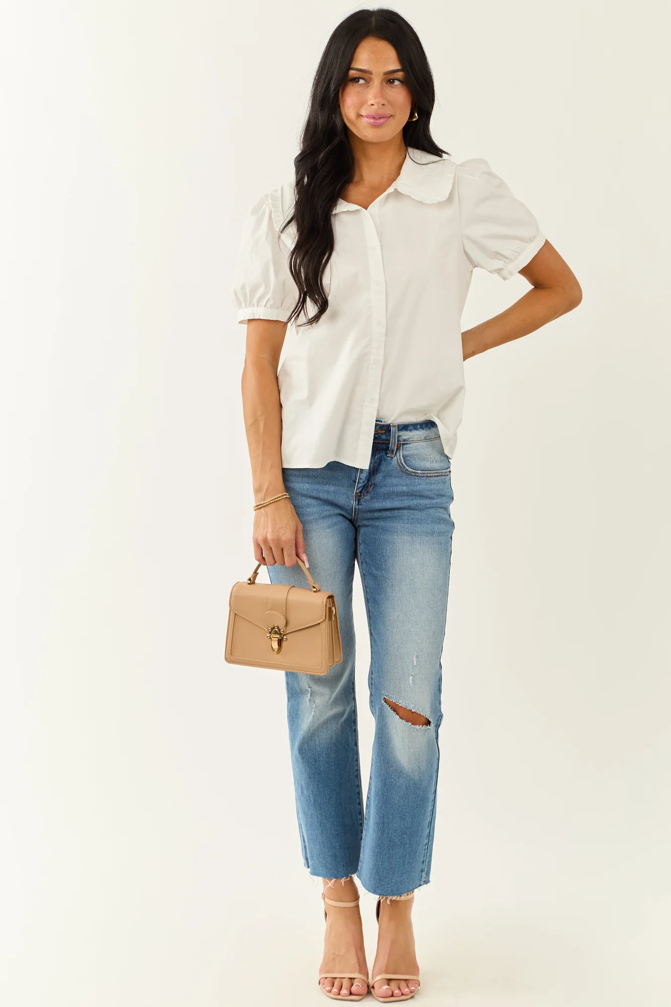 Ivory Cotton Button-Up Blouse with Puff Sleeves