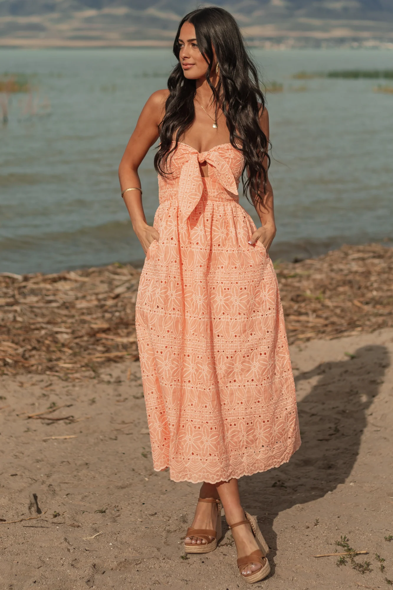 Peach Eyelet Front Tie Midi Dress