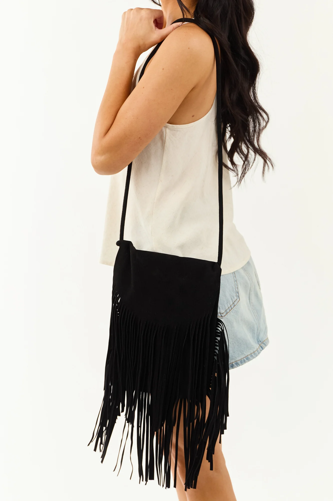 Black Fringe Crossbody Bag - Faux Suede Fashion Accessory