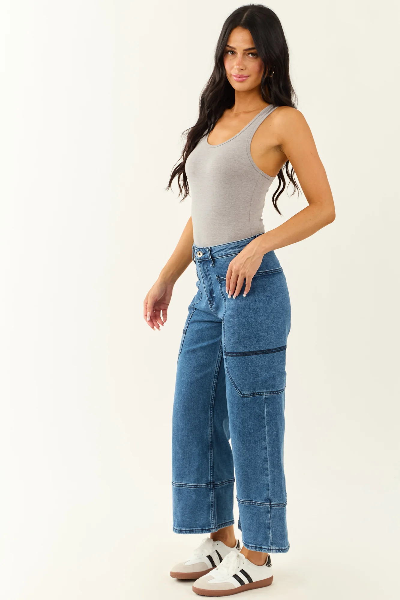 Dark Wash Wide Leg Wrap Pocket Jeans