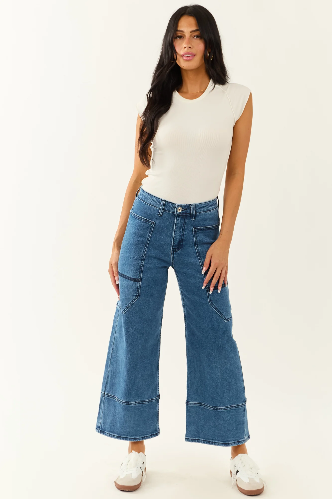 Dark Wash Wide Leg Wrap Pocket Jeans