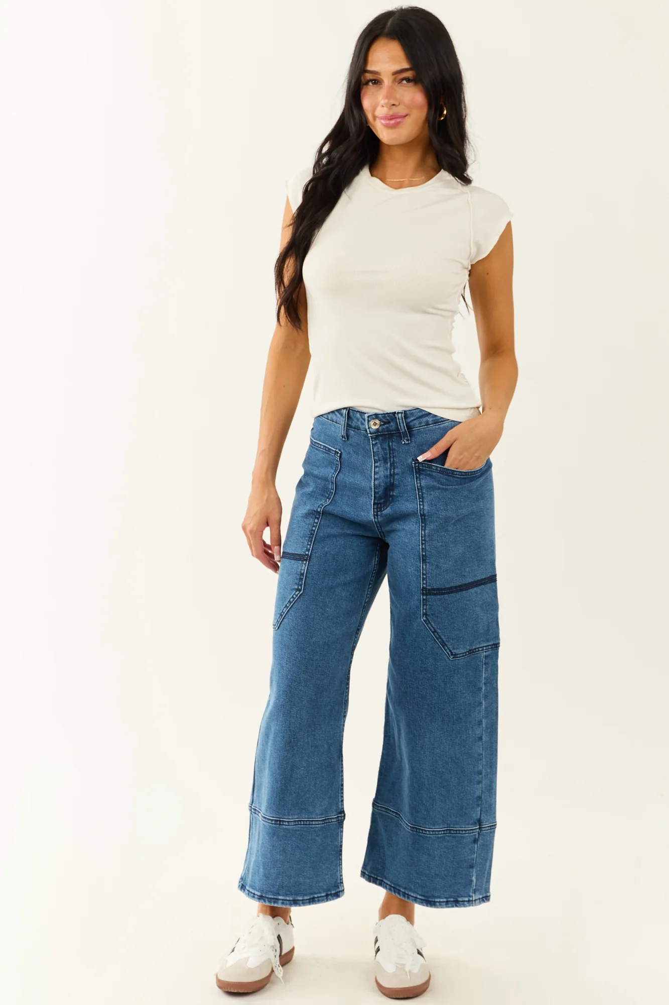 Dark Wash Wide Leg Wrap Pocket Jeans