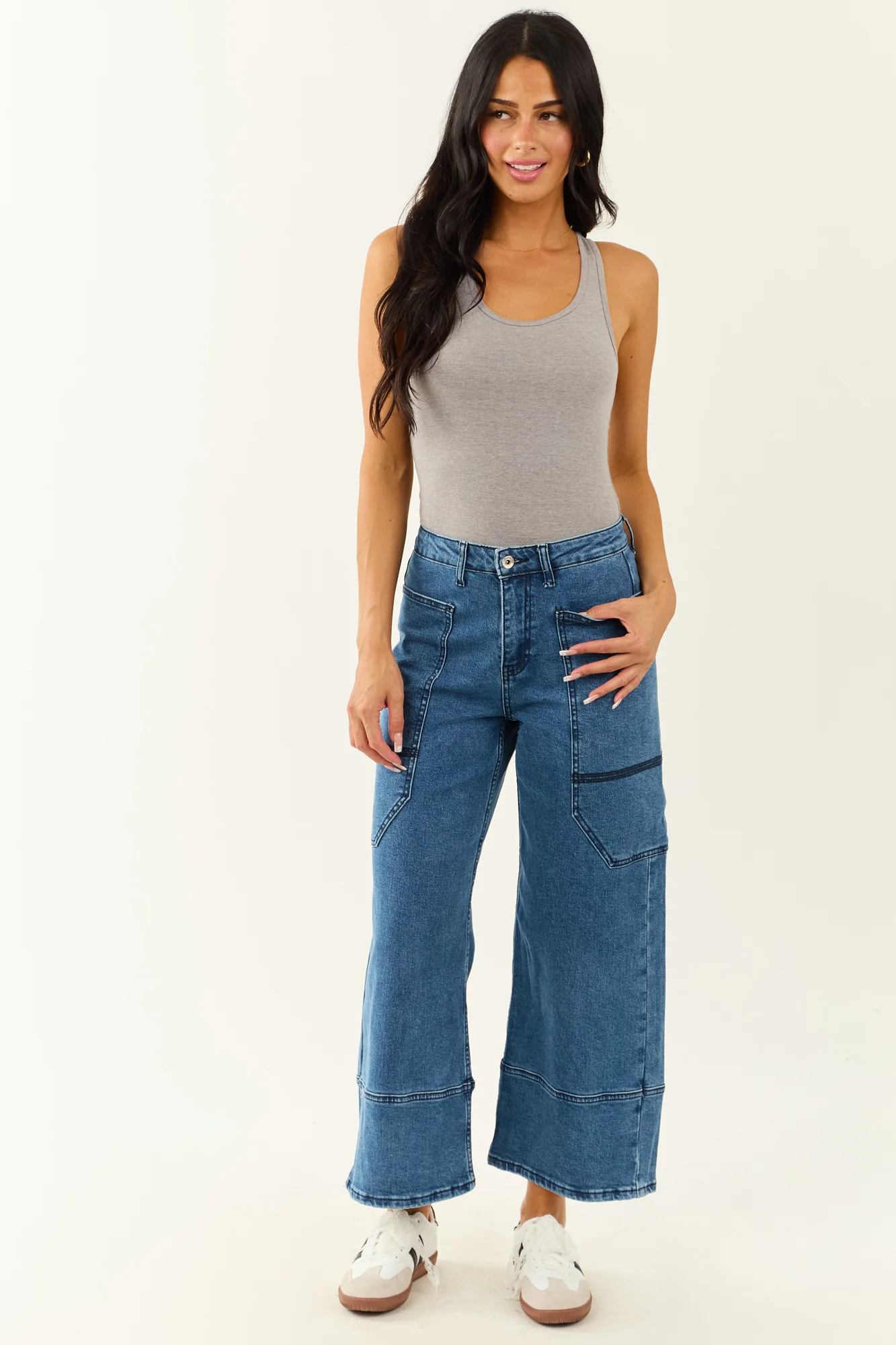 Dark Wash Wide Leg Wrap Pocket Jeans