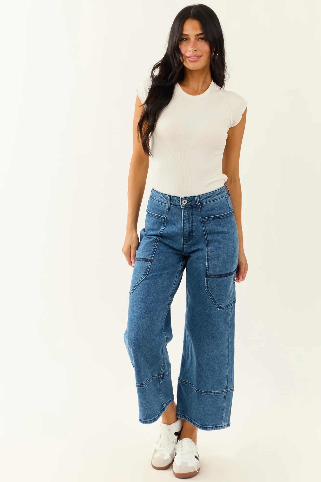 Dark Wash Wide Leg Wrap Pocket Jeans