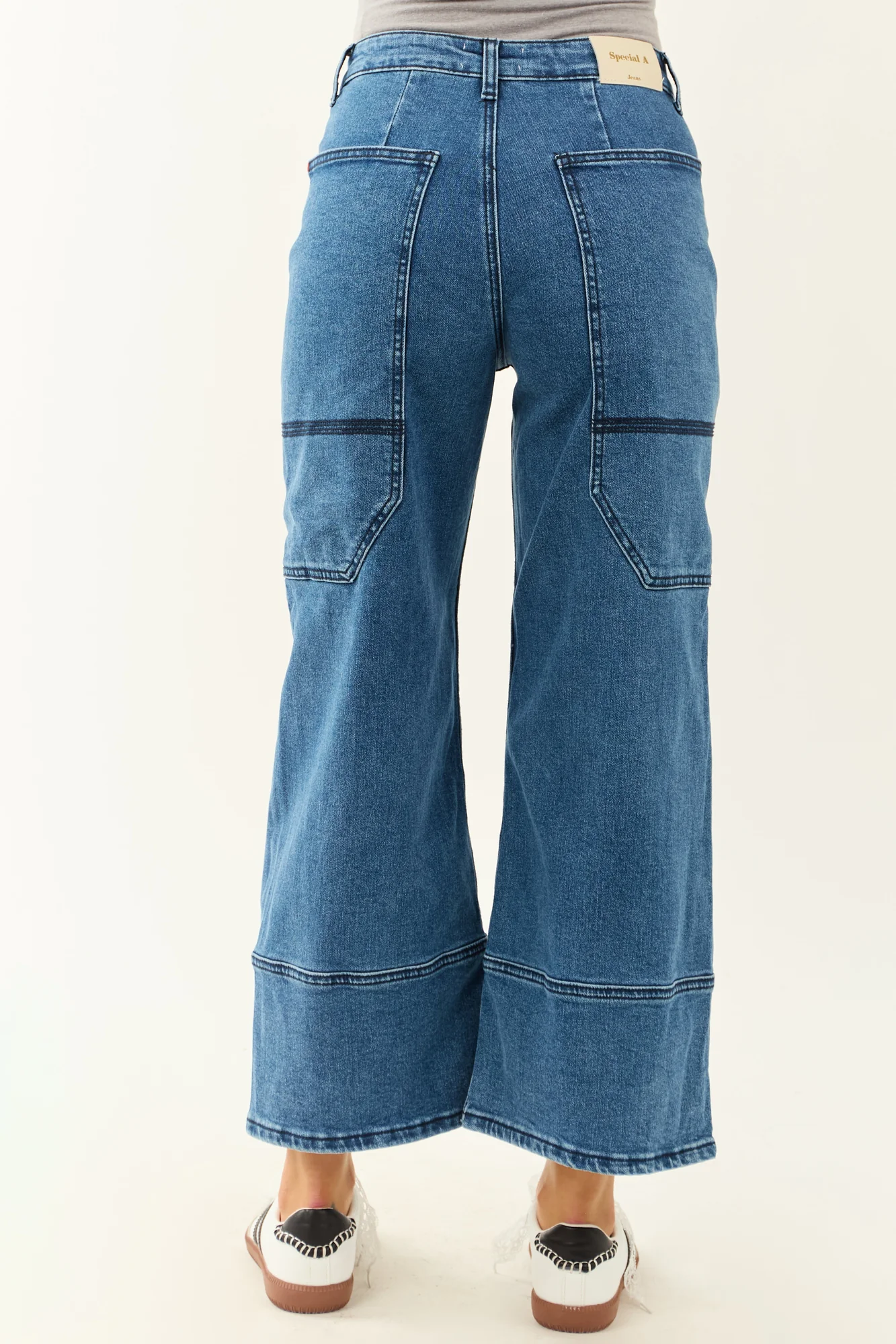 Dark Wash Wide Leg Wrap Pocket Jeans