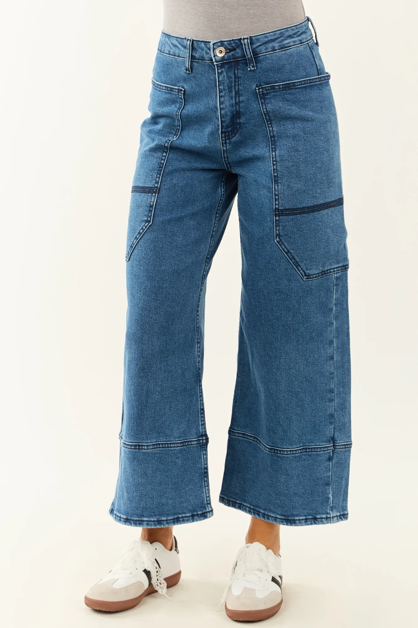 Dark Wash Wide Leg Wrap Pocket Jeans