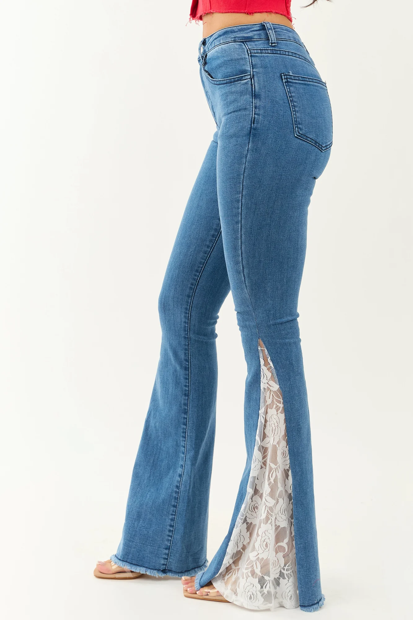 Medium Wash Lace Flare Leg Denim Jeans
