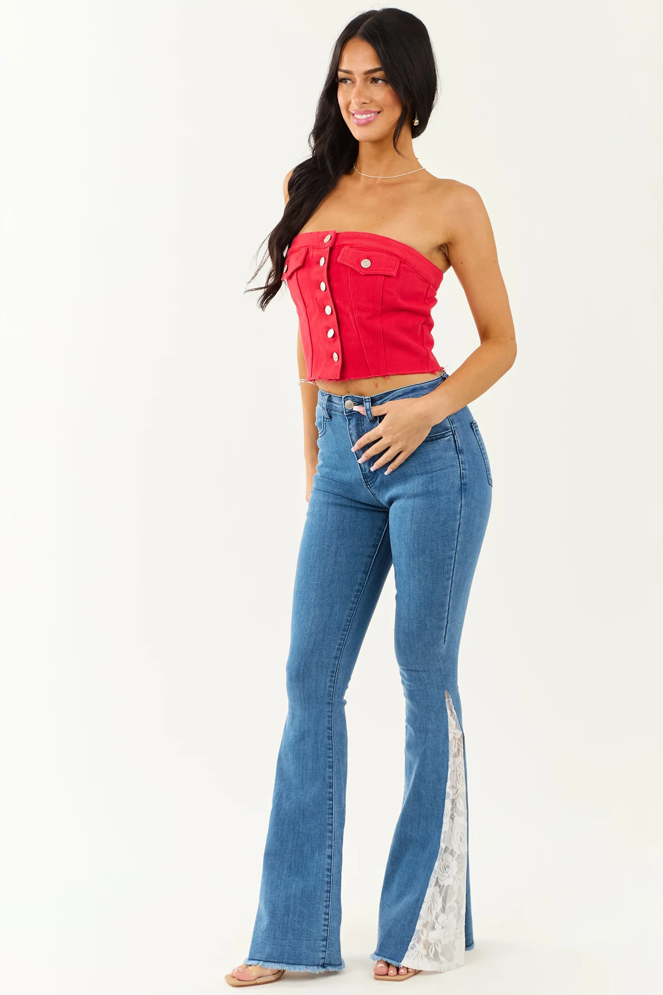 Medium Wash Lace Flare Leg Denim Jeans