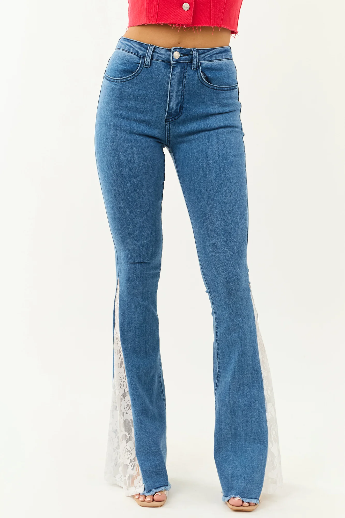 Medium Wash Lace Flare Leg Denim Jeans