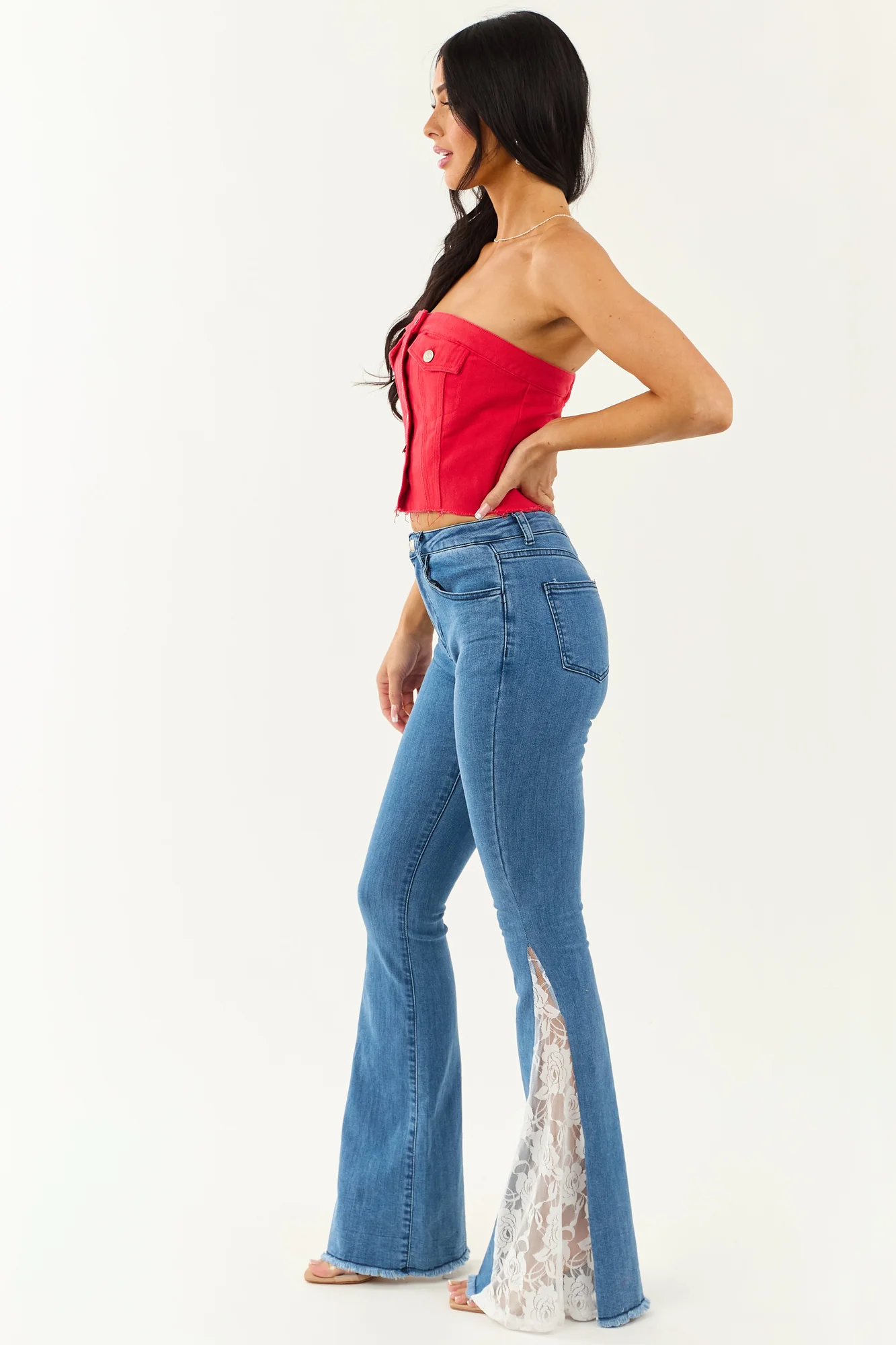 Medium Wash Lace Flare Leg Denim Jeans