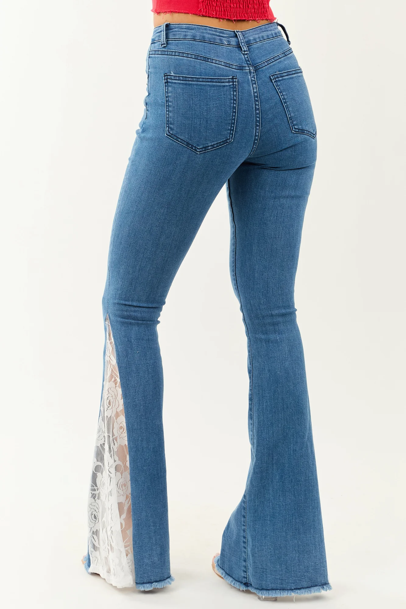 Medium Wash Lace Flare Leg Denim Jeans
