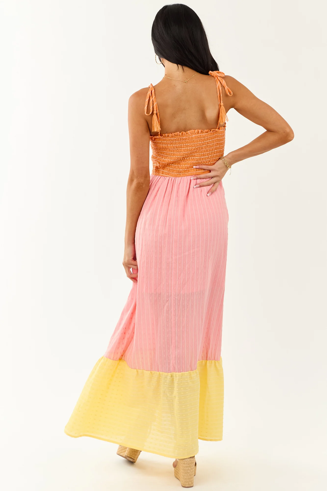 Baby Pink Smocked Maxi Dress Cotton Blend Colorblock Square Neckline