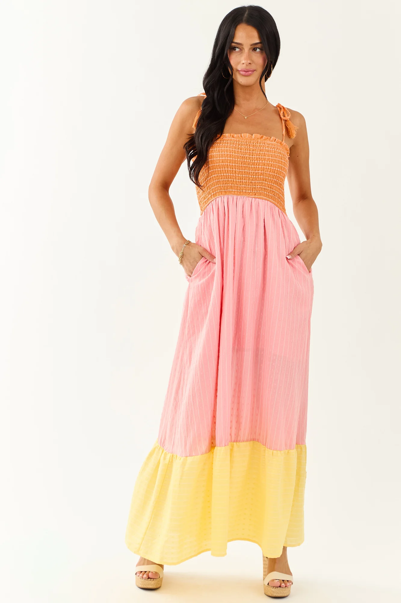 Baby Pink Smocked Maxi Dress Cotton Blend Colorblock Square Neckline