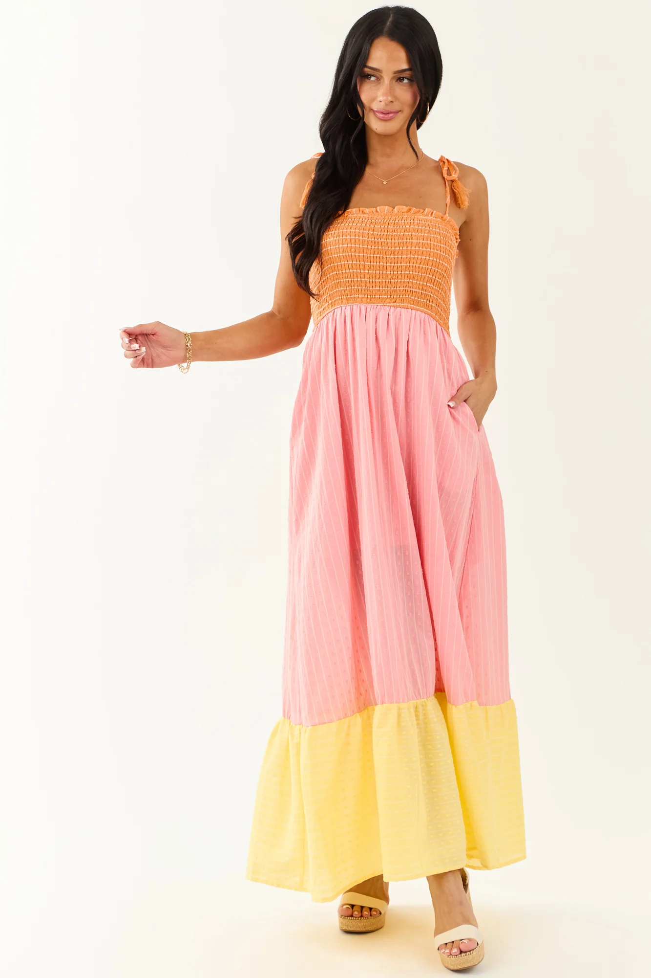 Baby Pink Smocked Maxi Dress Cotton Blend Colorblock Square Neckline