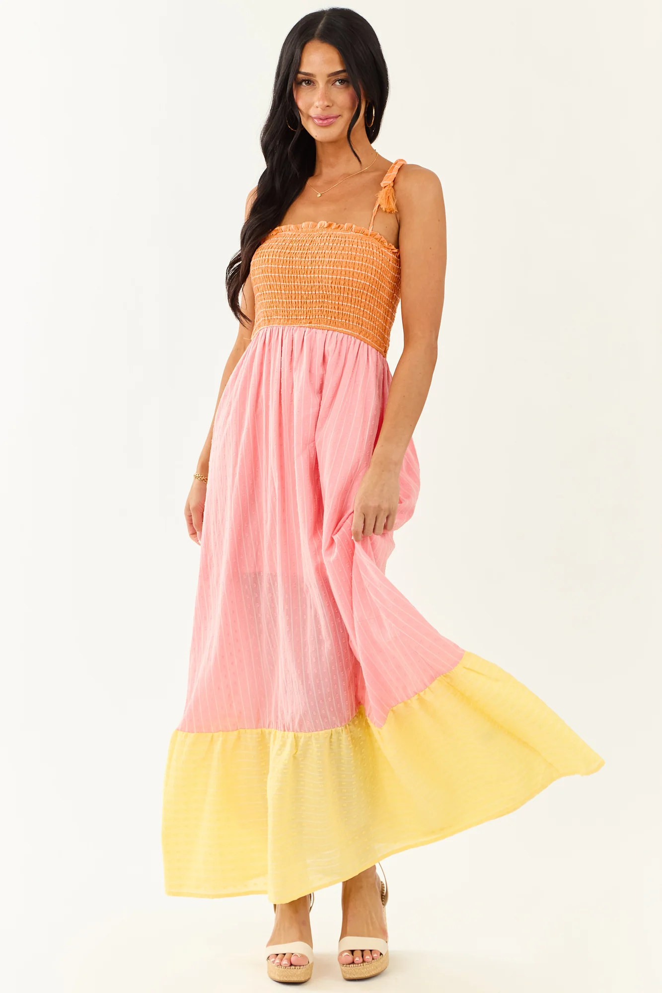 Baby Pink Smocked Maxi Dress Cotton Blend Colorblock Square Neckline