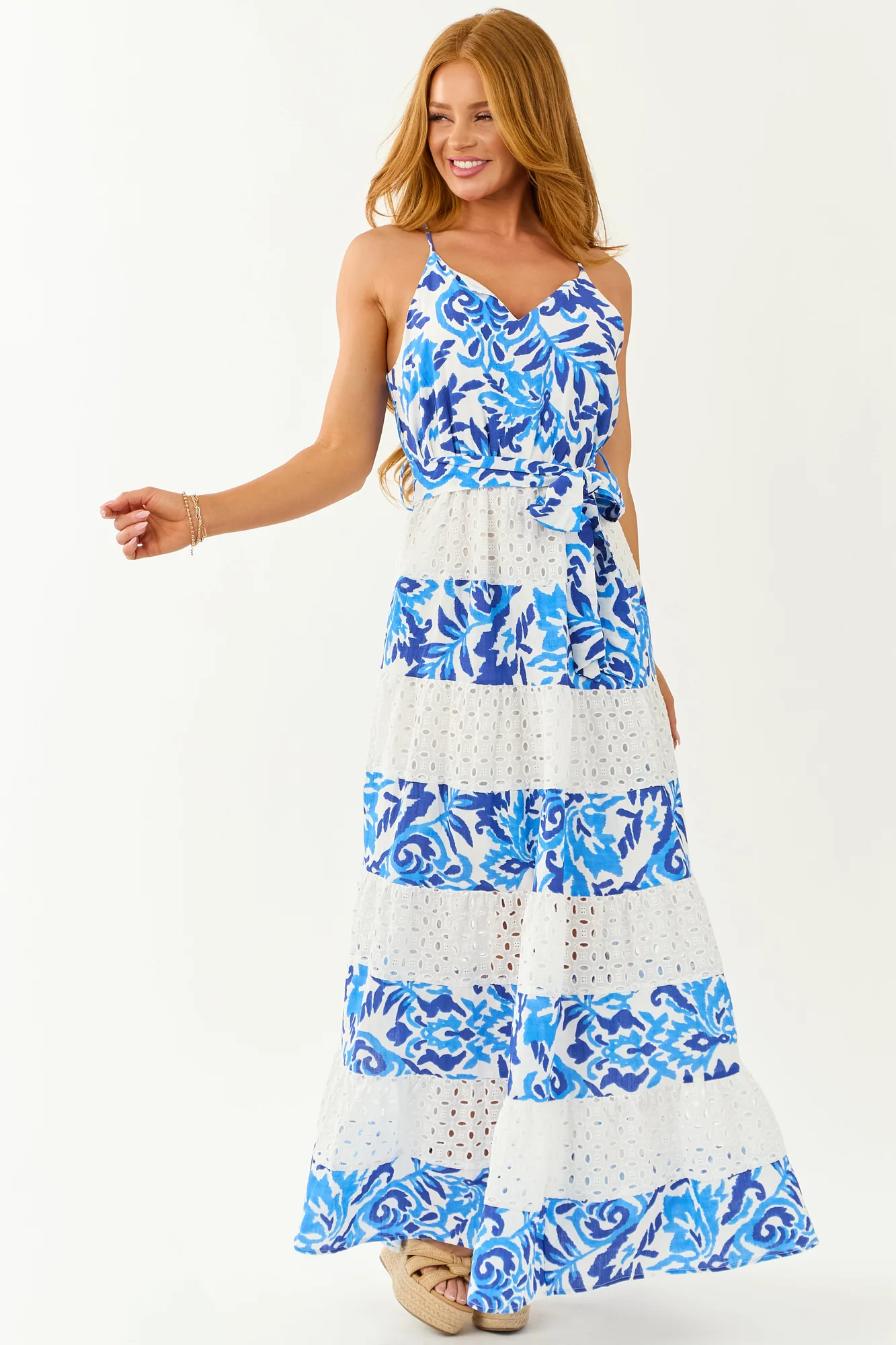 Abstract Print Tiered Maxi Dress in Off White for Women