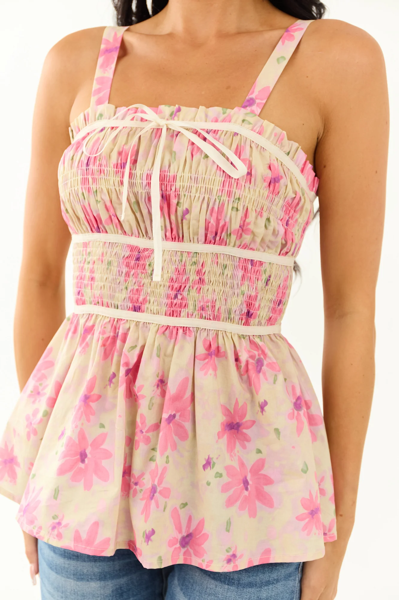 Smocked Floral Print Cotton Tank Top in Straw Color