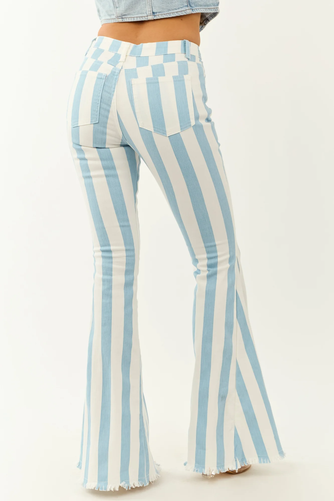Powder Blue Striped High Rise Flare Jeans
