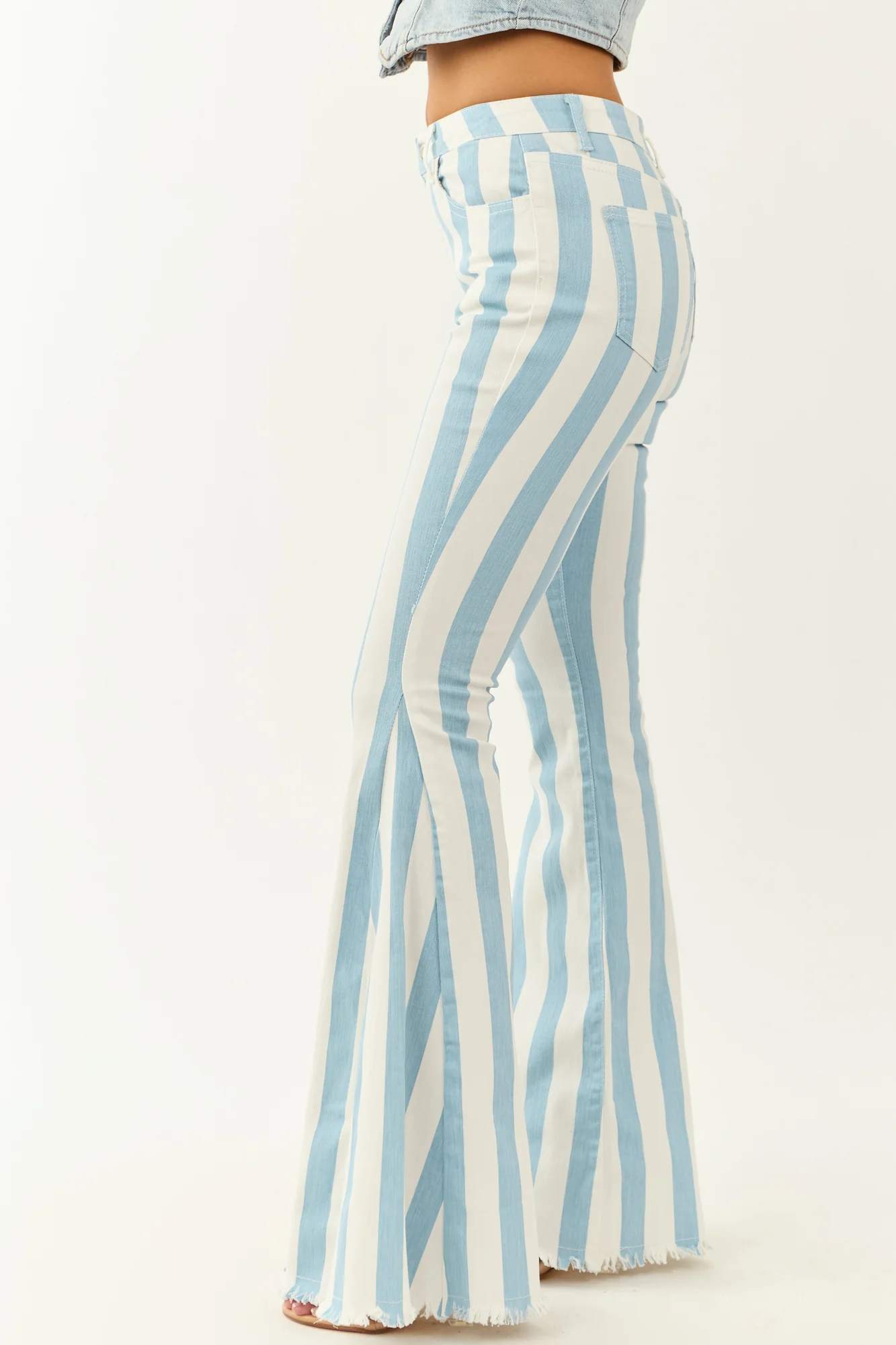 Powder Blue Striped High Rise Flare Jeans
